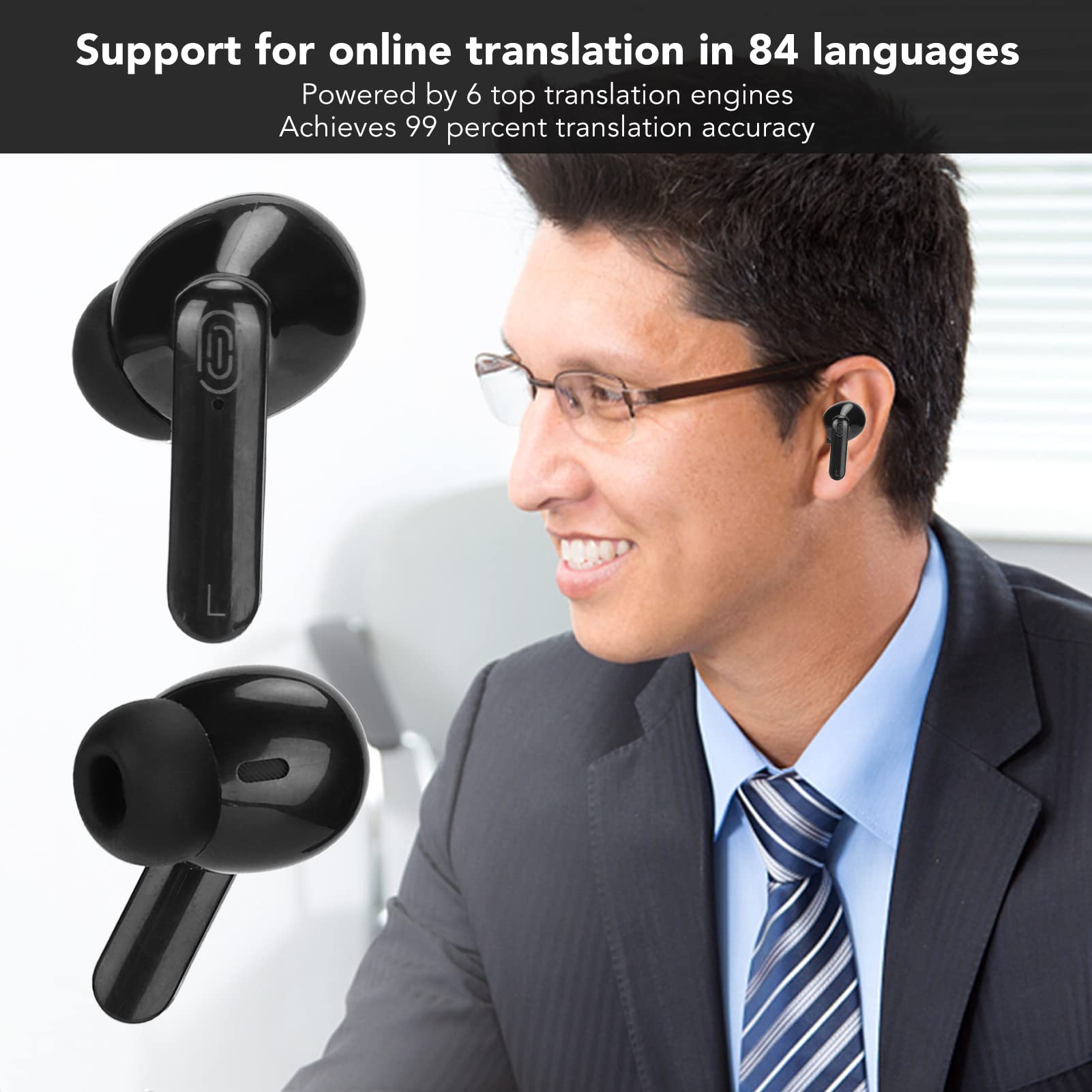 Bluetooth 5.1 Language Translator Earbuds - Instant 144 Languages Translation Device for Travel & Business (Black) | Wireless Earbuds for Real-Time Conversations
