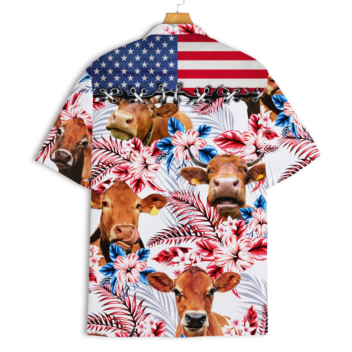 PIGO Cow Print Hawaiian Shirts for Men - Tropical Cow Button Down Shirt with US Flag Design - Short Sleeve Casual Shirt for Beach, Summer Vacation & Luau Parties