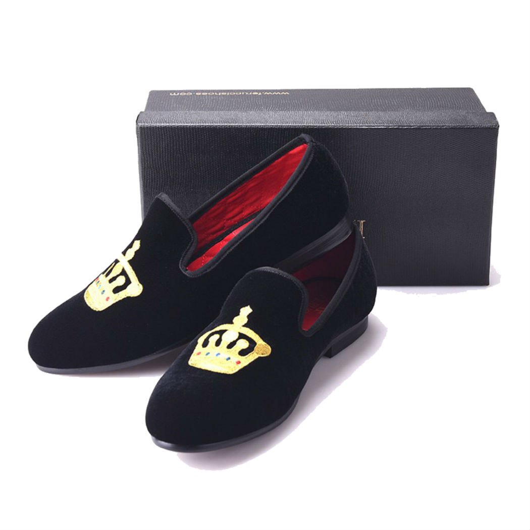 FERUCCI Handmade Men's Black Velvet Loafers with Gold Crown Emblem - Comfortable House Slippers for Indoor/Outdoor Wear, Perfect Gift for Dad & Husband
