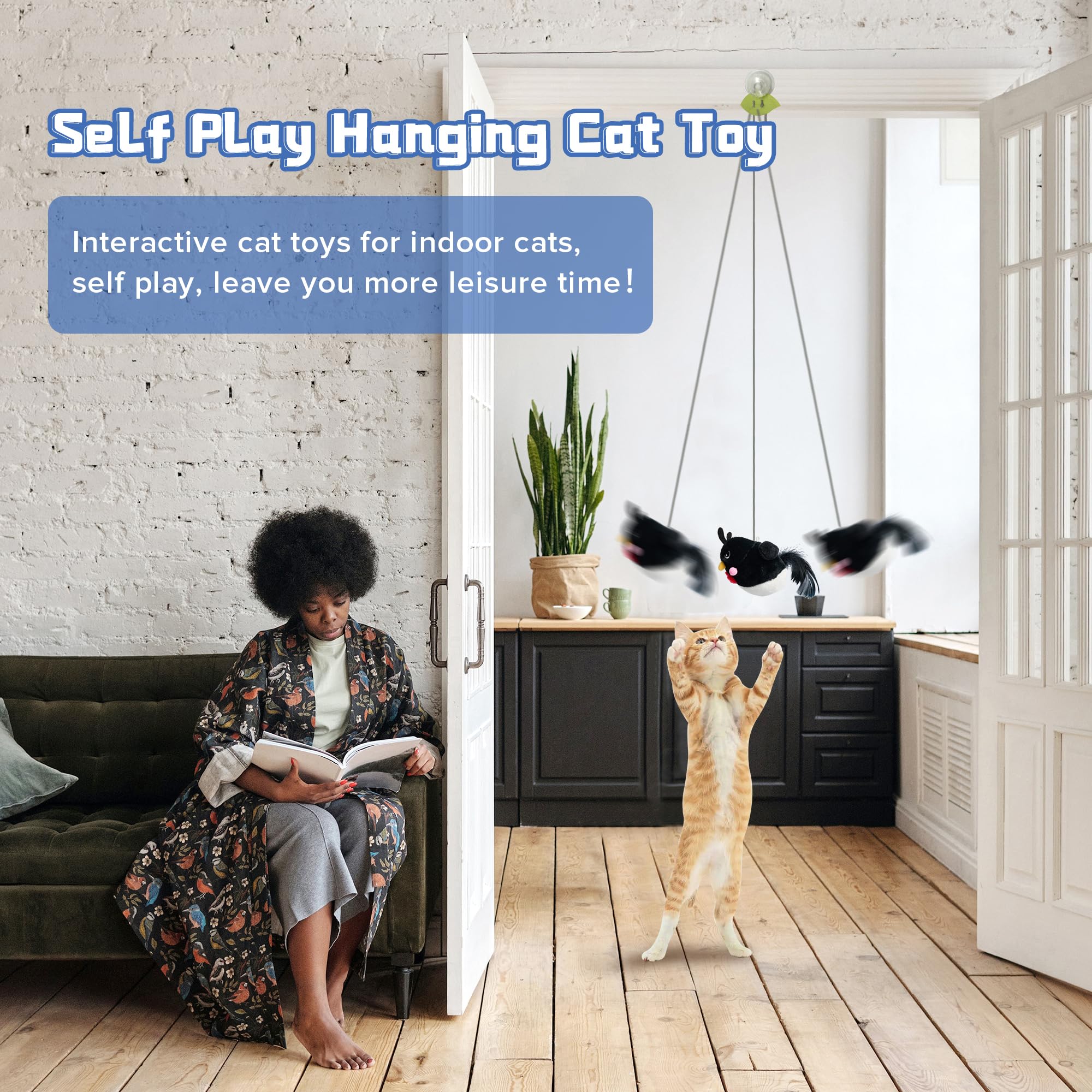 Interactive Chirping Bird Cat Toy - Hanging Retractable Teaser with Catnip for Indoor Cats - Chase Exercise & Play - Perfect for Teaser Stick & Playtime (1pc, Black)