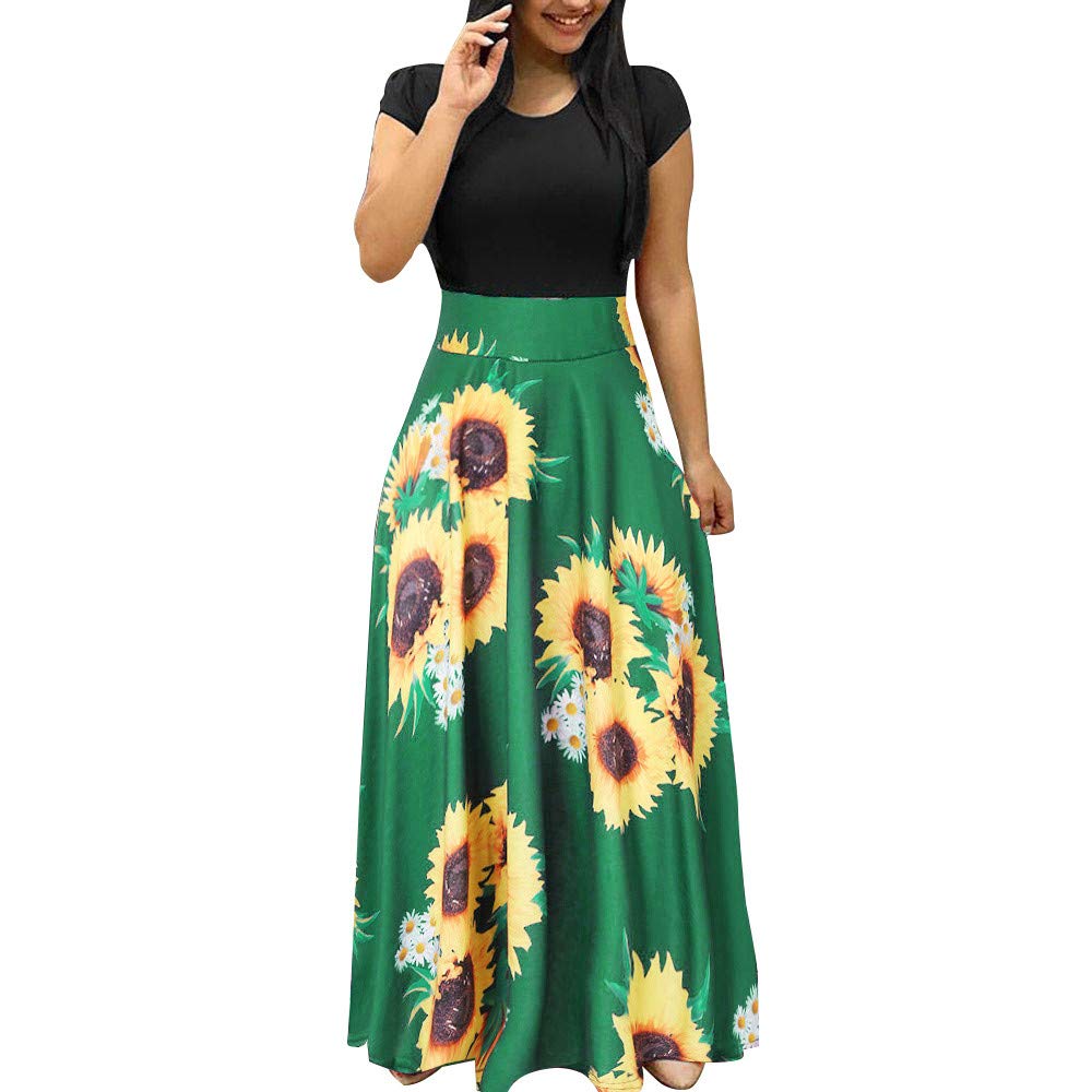 Women's Floral Sundress - Short Sleeve Swing Maxi Dress with Sunflower Print | Summer Casual Dress for Beach, Vacation & Outdoor Activities