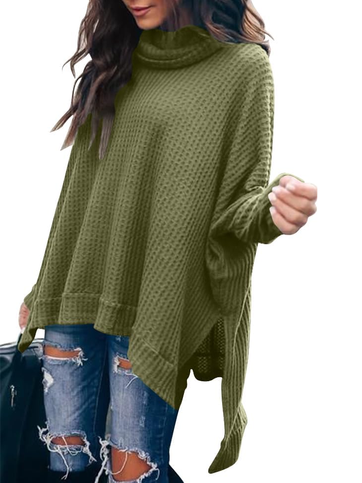 Caracilia Women's Oversized Turtleneck Sweater - Batwing Long Sleeve Waffle Knit Pullover with Split Hem for Fall Winter 2024 | Casual Outfit, Office Wear & Holiday Fashion