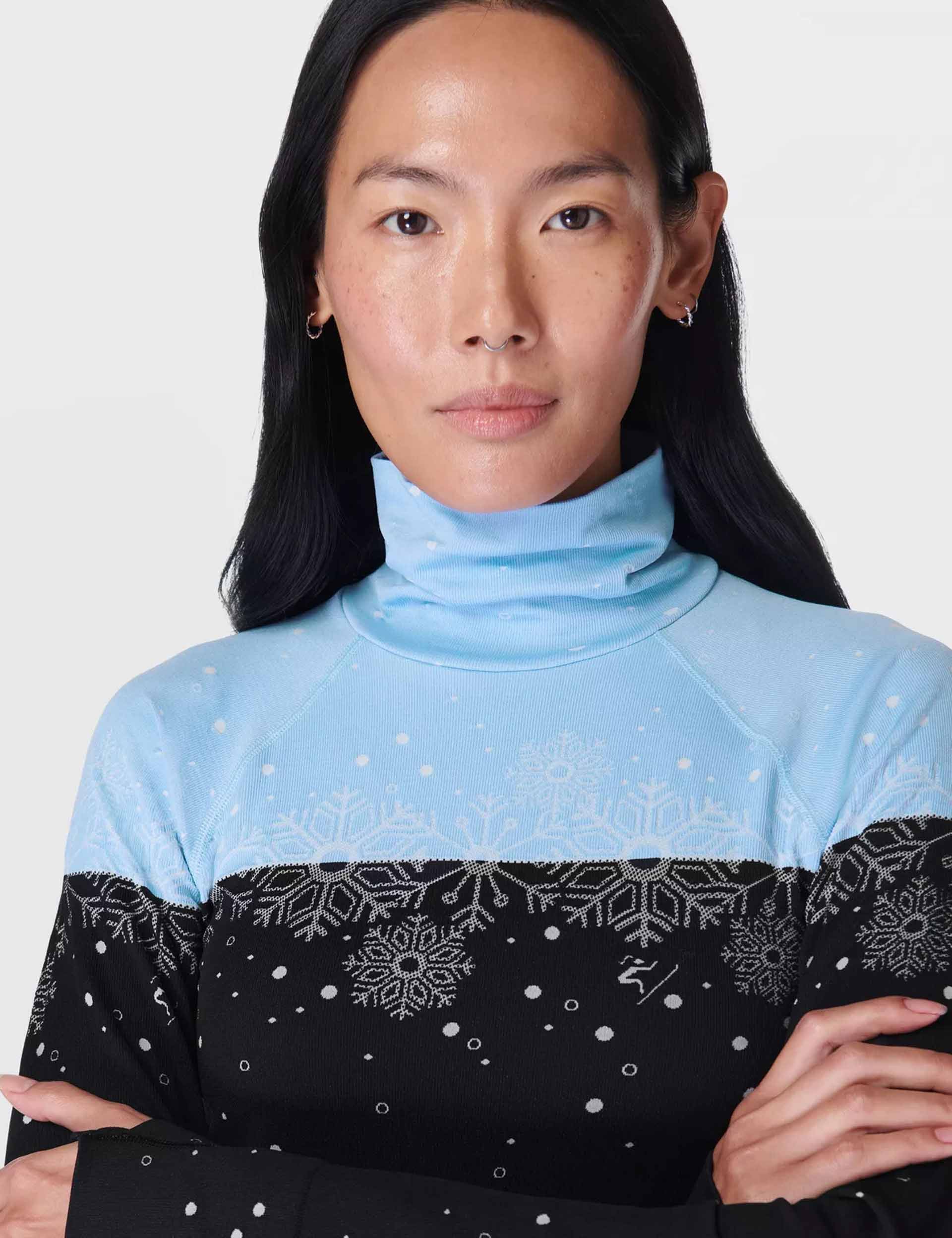 Snowflake Funnel Neck Base Layer Top - Blue Jacquard Thermal Shirt for Women | Winter Warm Fleece Lined Shirt for Skiing, Snowboarding & Cold Weather Activities