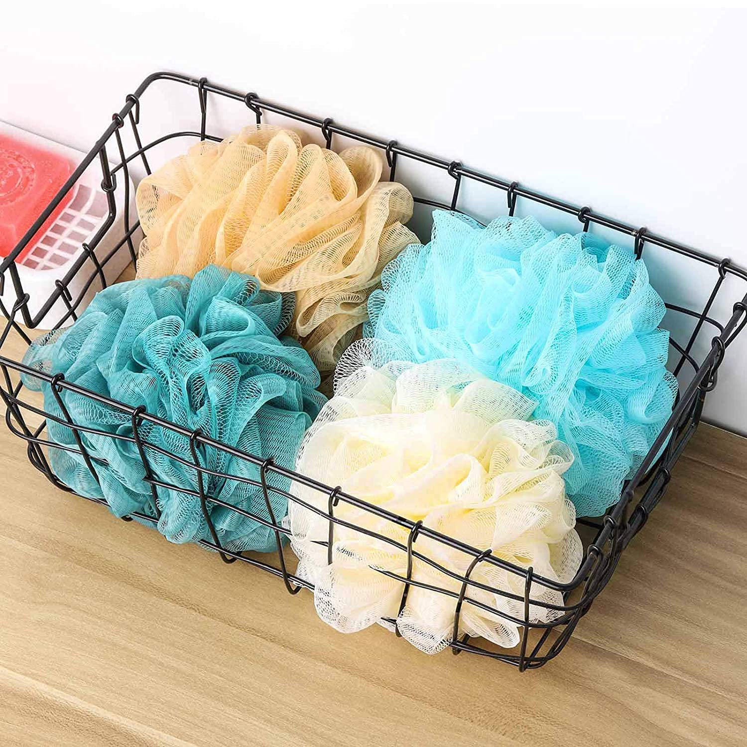 BlueFinger Bath Pouf Mesh Loofah Sponge - Soft Exfoliating Shower Pouf for Gentle Skin Cleansing, 4-Pack - Perfect for Daily Shower, Spa & Body Wash Routine