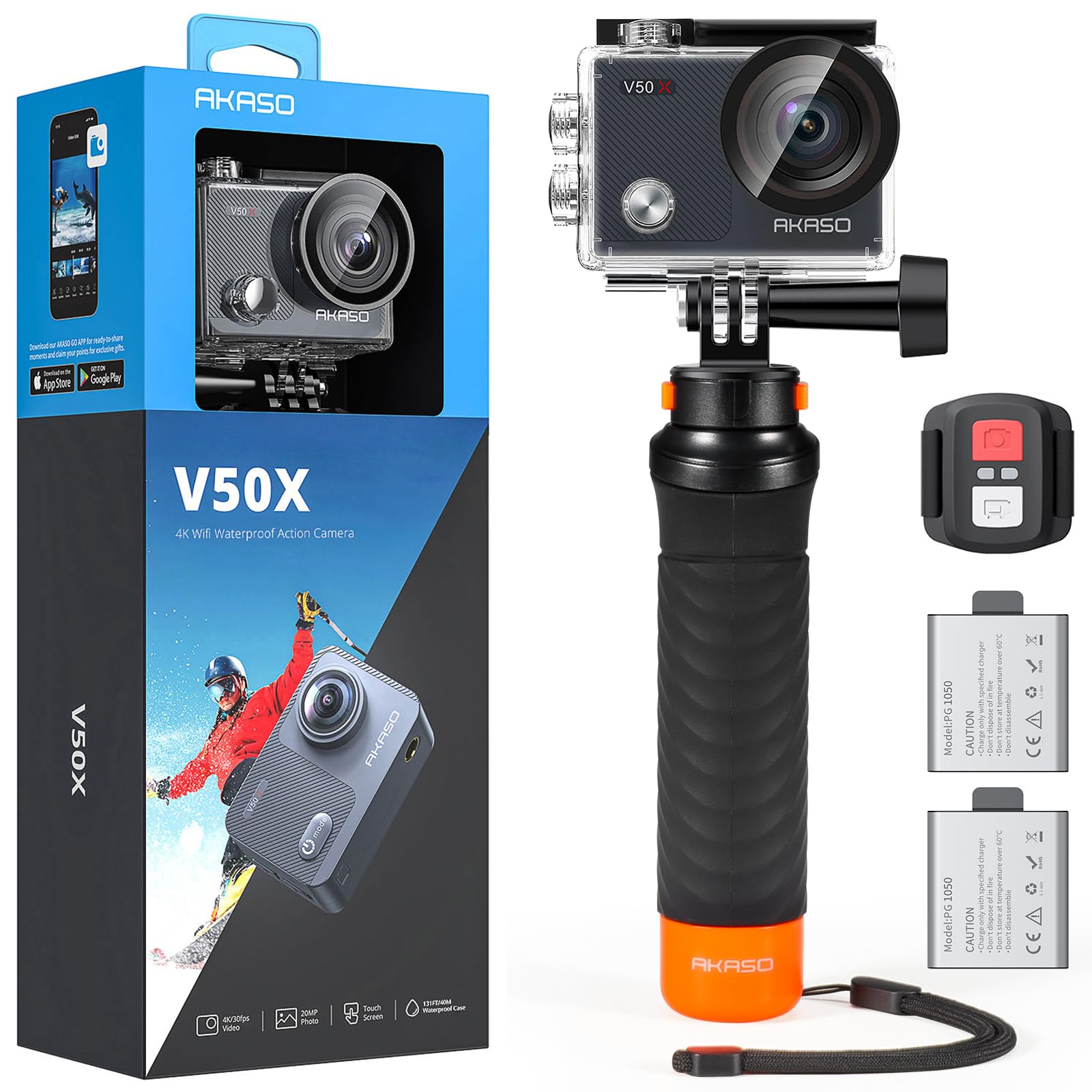 AKASO V50X Native 4K30fps 20MP WiFi Action Camera with EIS Touch Screen, 4X Zoom, 131ft Waterproof Underwater Camera, Remote Control Sports Camera with Floating Grip - Perfect for Diving, Surfing, Skiing & Outdoor Adventures