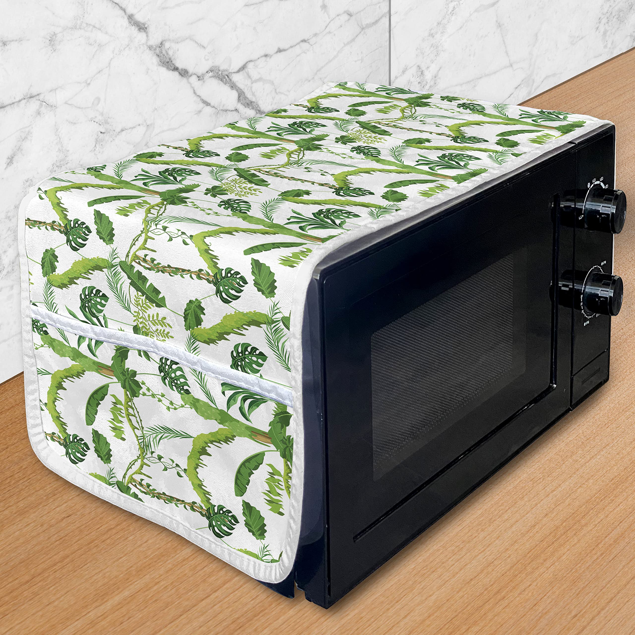 Ambesonne Tropical Microwave Cover - Waterproof Jungle Foliage Design with Pockets | Coconut Palm & Monstera Leaf Pattern | 36x12 Inch Lime Green & White Kitchen Organizer | Perfect for Microwave Protection & Stylish Kitchen Decor