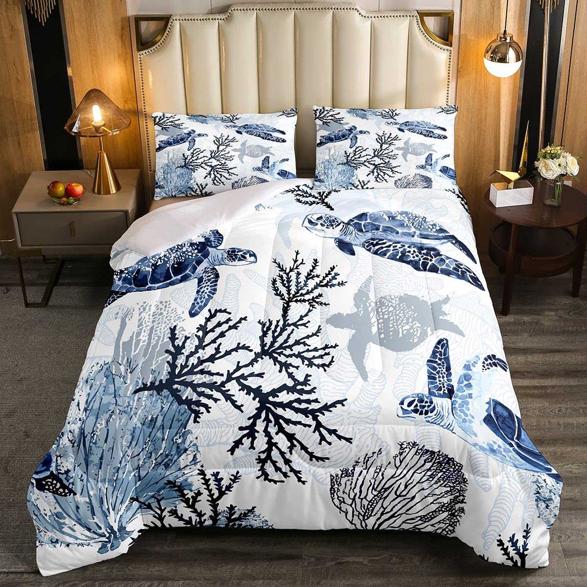 Feelyou Turtle Bedding Set Twin Size - Ocean Blue & White Hawaiian Sea Turtle Comforter for Kids | Underwater Turtle Print Quilt Set | Perfect for Summer & Winter | Beach Theme Bedroom Decor for Boys & Girls