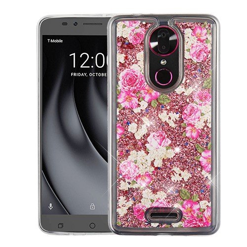 European Rose & Rose Gold Quicksand Glitter Hybrid Case for COOLPAD T-Mobile Revvl Plus/C3701A - Shockproof Protective Cover with Stylish Design for Everyday Use & Special Occasions