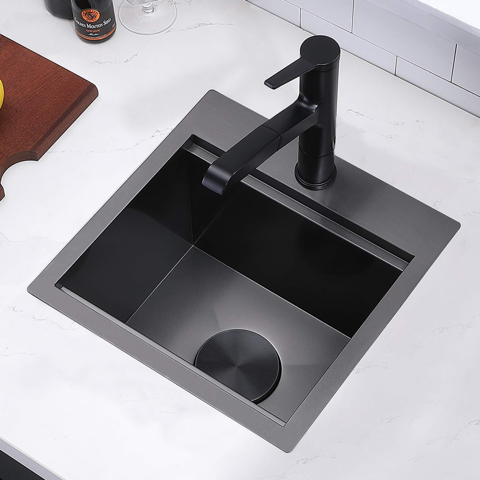 15 Inch Black Top Mount Bar Sink - 16 Gauge Stainless Steel Small Kitchen Sink (15x15) for Wet Bar, RV & Outdoor Use with Accessories - Perfect for Home Bars, Campers & Outdoor Kitchens