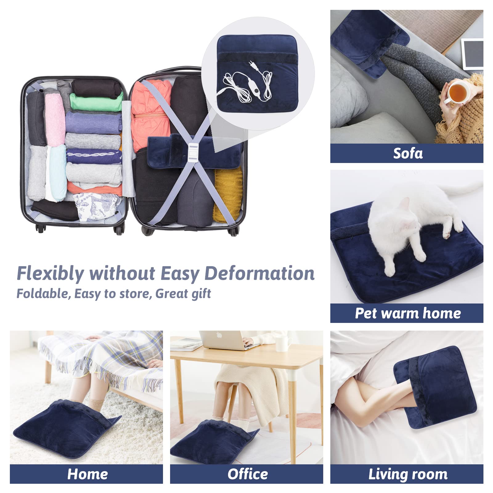 Double Sided Electric Foot Warmer with LCD Display & Machine Washable - Non-Slip Heating Pad for Under Desk, Bed, Office & Home - Navy Blue 20