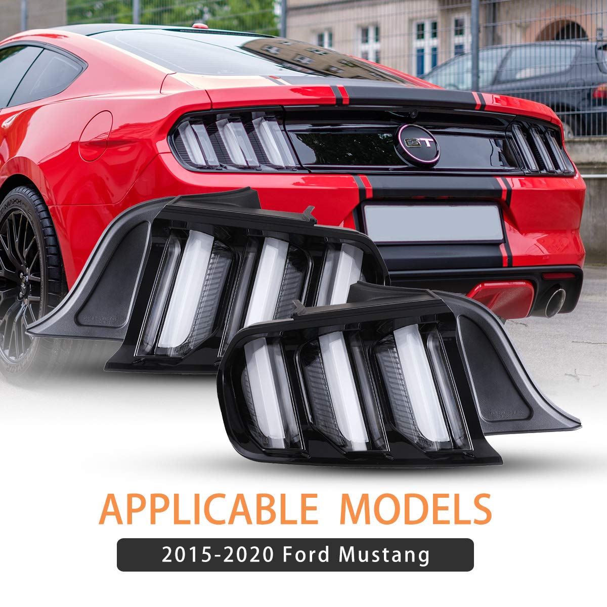 AUTOWIKI LED Tail Lights for 2015-2020 Ford Mustang - Sequential Turn Signals, Black Housing, Clear Lens (2PCS) - Upgrade Your Ride with Enhanced Visibility & Style