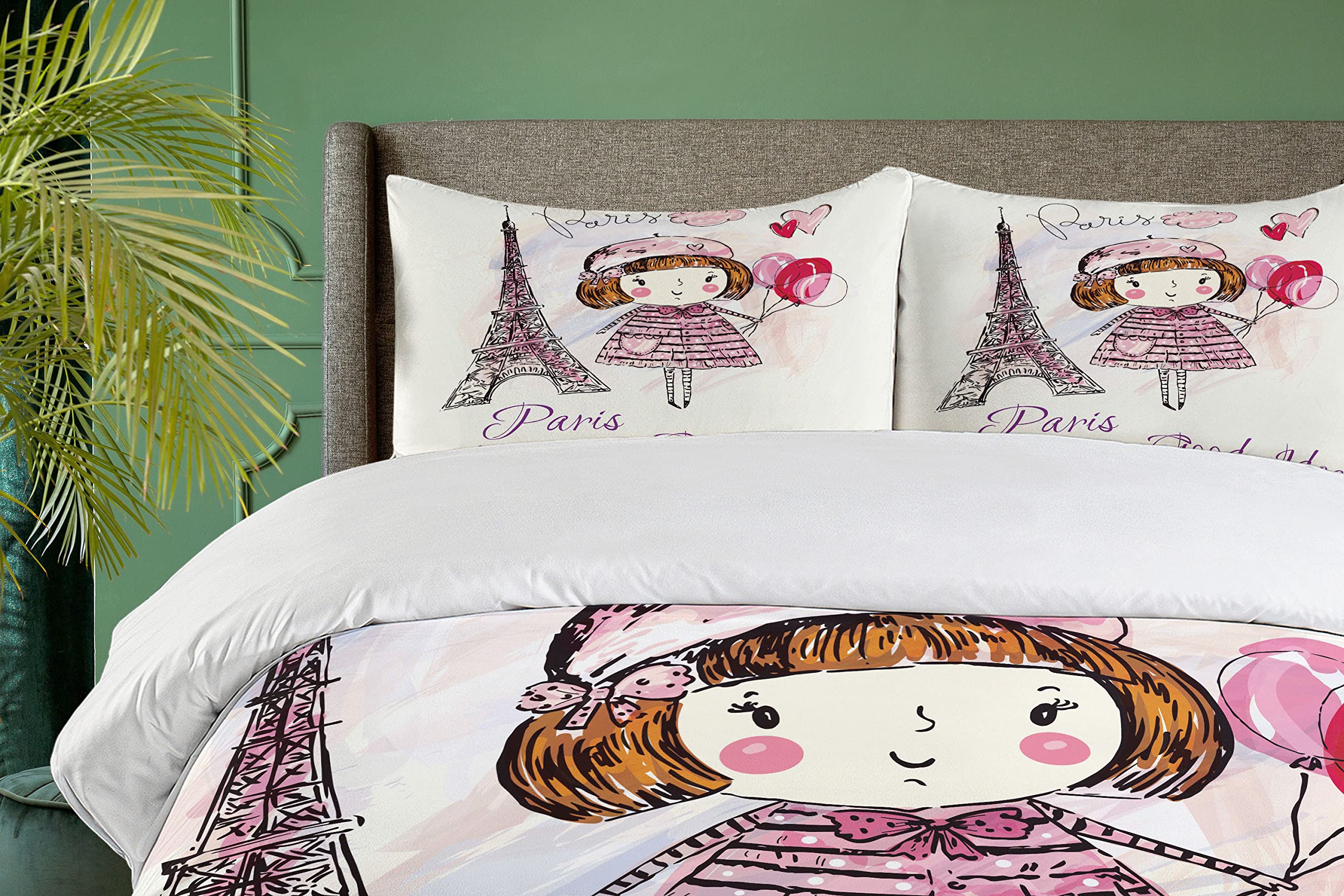 Ambesonne Paris Twin Size Duvet Cover Set - Little Girl Holding Balloons with Hearts, Clouds & Eiffel Tower Illustration - 2 Piece Bedding Set with Pillow Sham in Pale Pink, Purple & White | Perfect for Girls' Bedroom, Nursery Decor & Paris-Themed Room