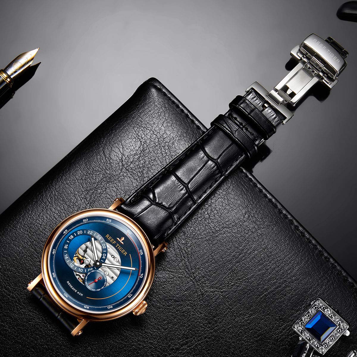 REEF TIGER Luxury Automatic Men's Watch - Blue Dial, Genuine Leather Strap, Water Resistant, RGA1617 Model - Perfect for Business, Formal Events & Gift Giving