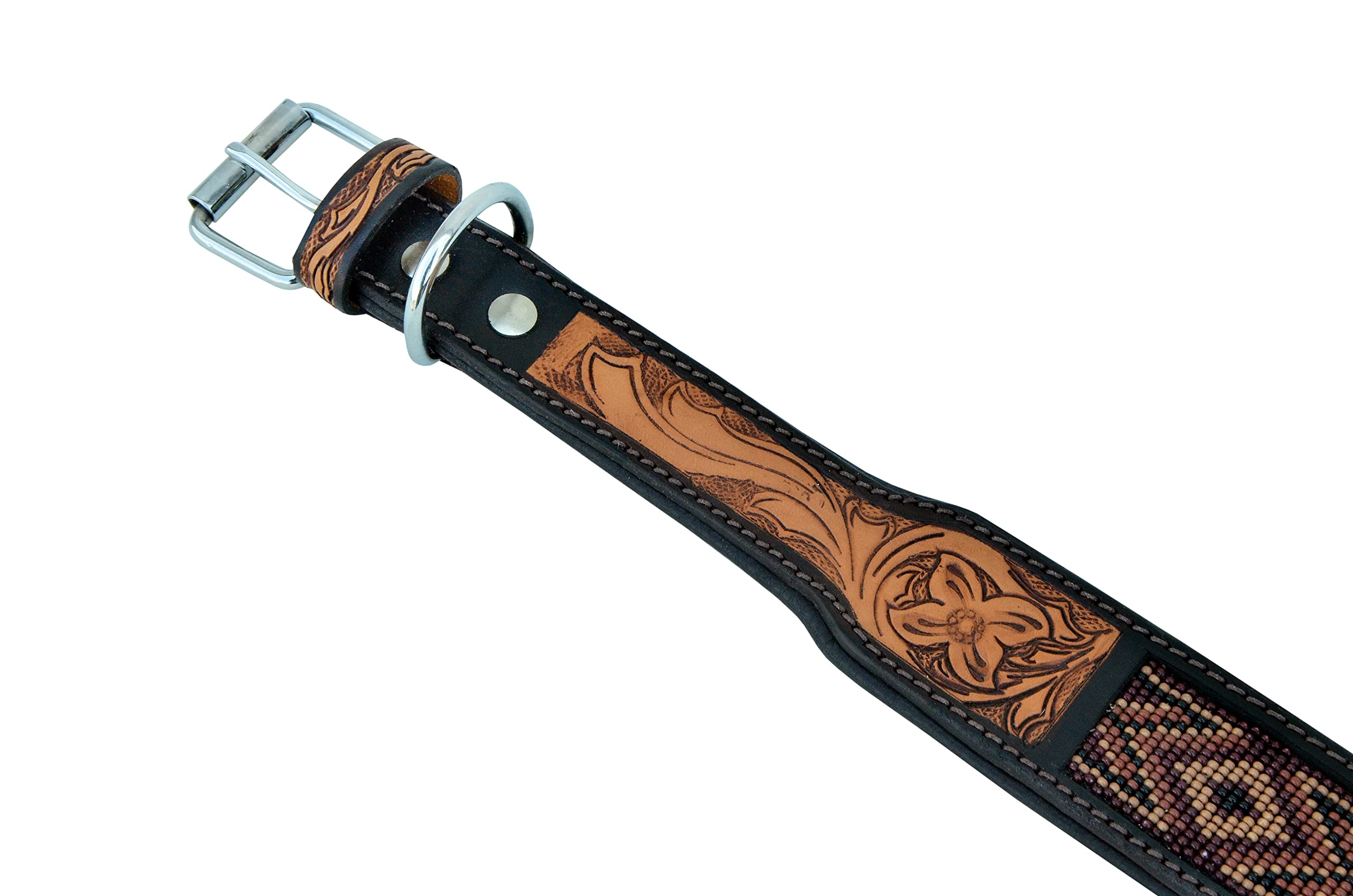 Western Style Heavy Duty Leather Dog Collar - Hand Tooled Beaded & Padded Adjustable Collar for Puppies & Large Dogs | Perfect for Training, Outdoor Adventures & Everyday Walks (10AB019)
