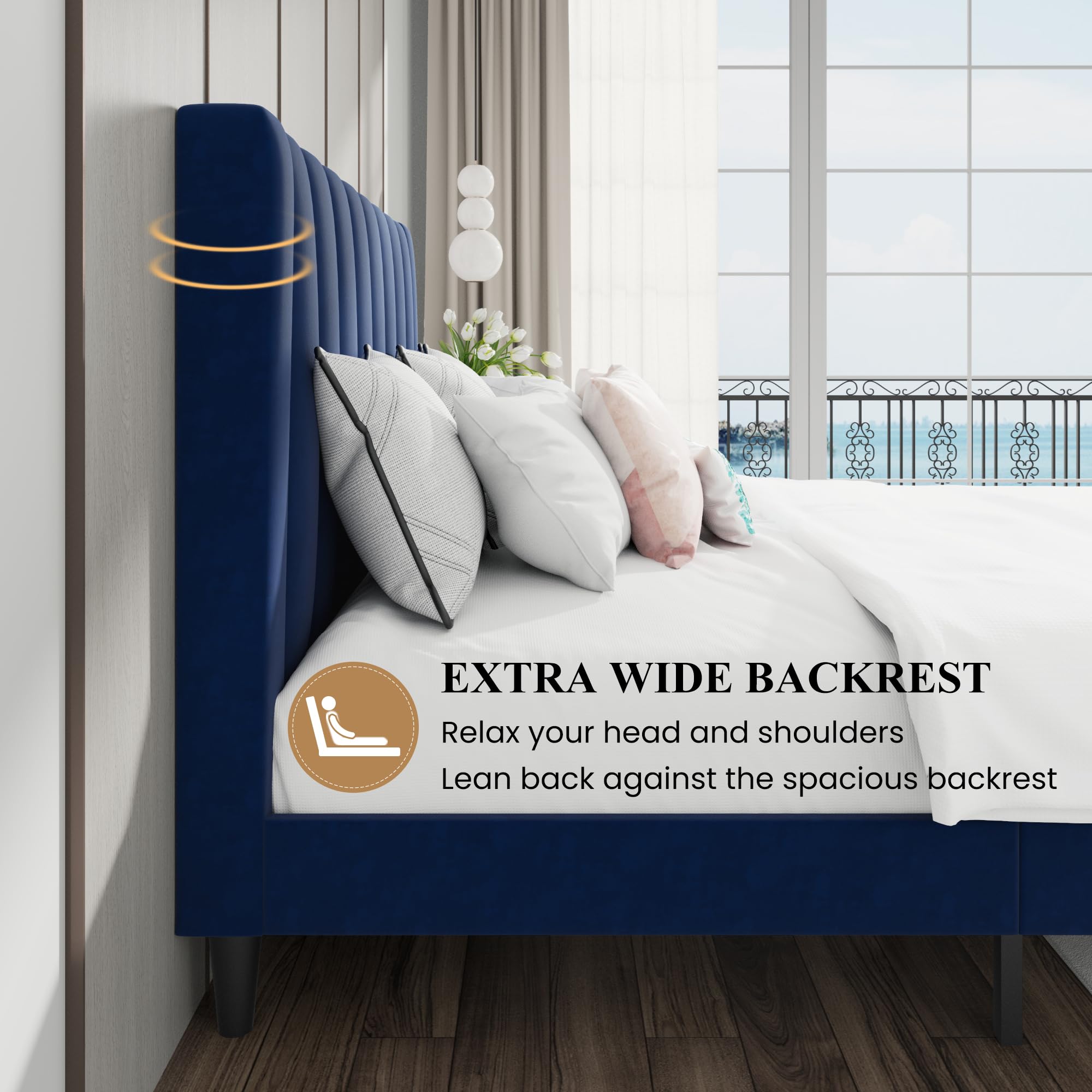 Luxury Velvet Upholstered Queen Size Bed Frame with Headboard - Dark Blue Platform Bed with Sturdy Wood Slat Support, No Box Spring Required | Perfect for Modern Bedrooms, Guest Rooms & Master Suites