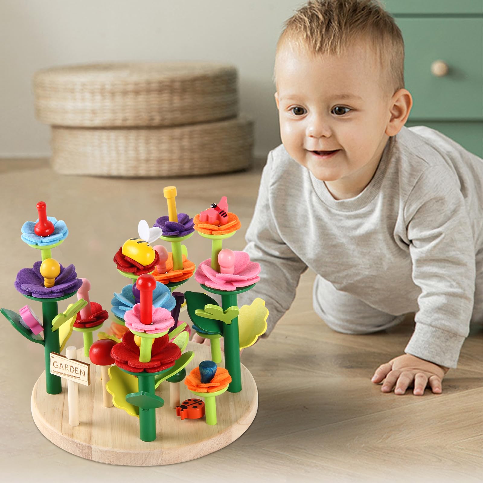 STEM Educational Wooden Flower Garden Building Toys for Kids Ages 3-7 - Creative Stacking Game & Preschool Learning Activity Kit for Boys & Girls - Perfect Gift for Toddlers to Build Bouquets & Explore Pretend Play (Ideal for Birthday, Classroom & Montessori Activities)