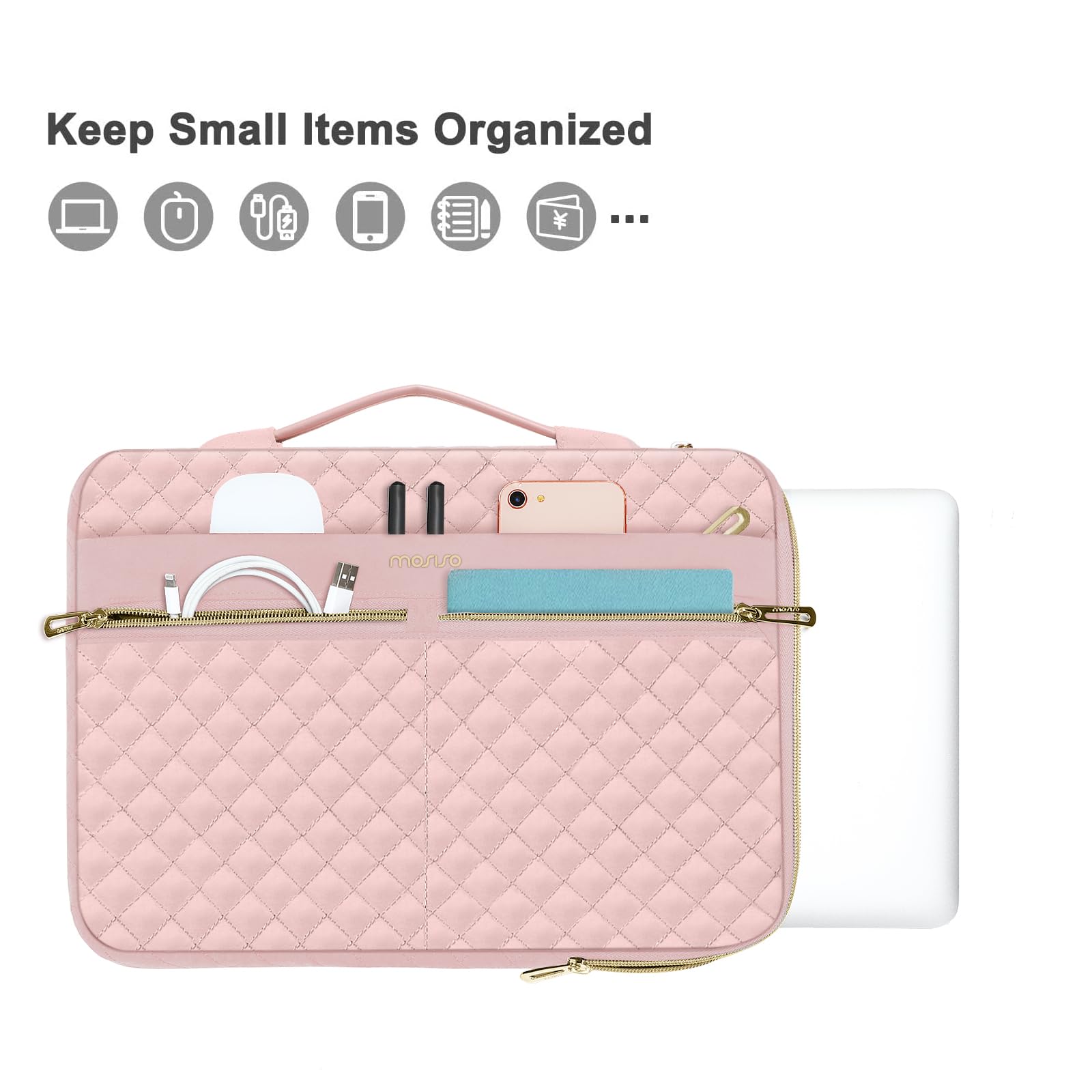 MOSISO 360 Protective Laptop Sleeve for MacBook Air 13/Pro 13-14 inch - Quilted Side Open Bag with 3 Pockets, Handle & Belt - Perfect for Work, School & Travel - Pink