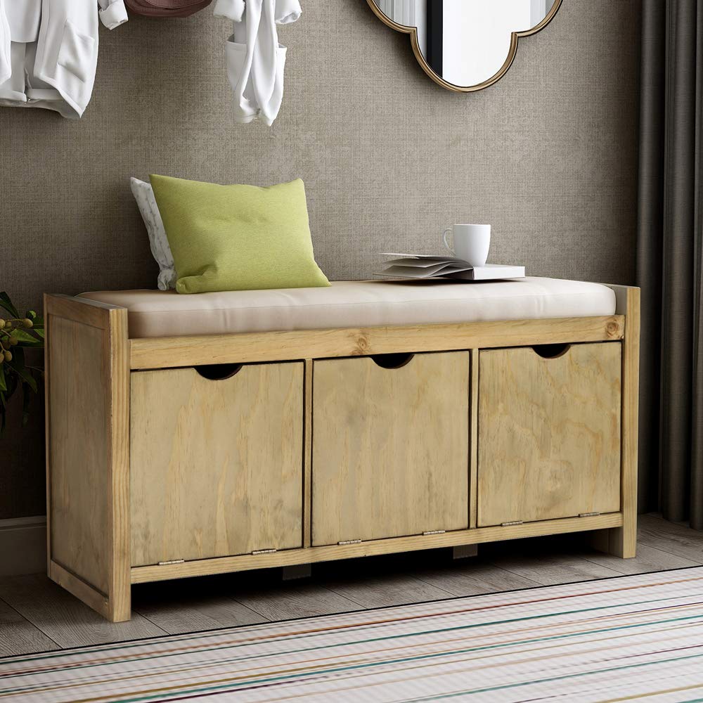 Gray Wash Storage Bench with Removable Cushion & 3 Flip-Lock Storage Cubbies - Entryway Bench, Living Room Organizer for Shoes, Blankets & Home Decor