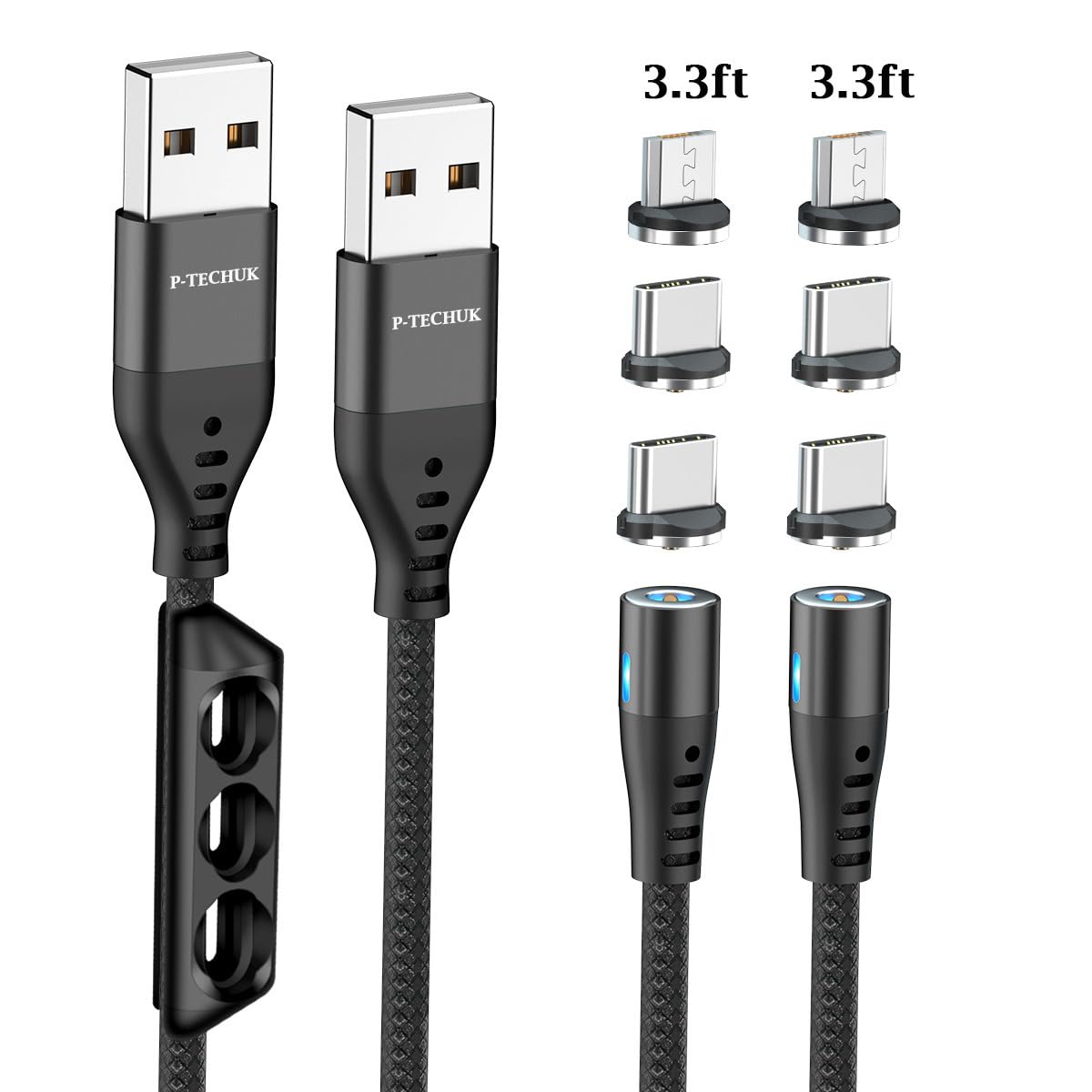 P-TECHUK Magnetic Charging Cable 2-Pack (1M Each) with 6 Adapter Tips & Holder - Fast Charging Nylon Braided USB Cable for iPhone Samsung Android - Perfect for Home Office Travel Car Charging