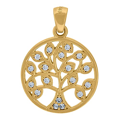 14K Yellow Gold Tree of Life Pendant Necklace with Cubic Zirconia - Simulated Diamond Charm for Women, 20.6x14.7mm - Elegant Jewelry Gift for Her, Perfect for Birthday, Anniversary & Everyday Wear