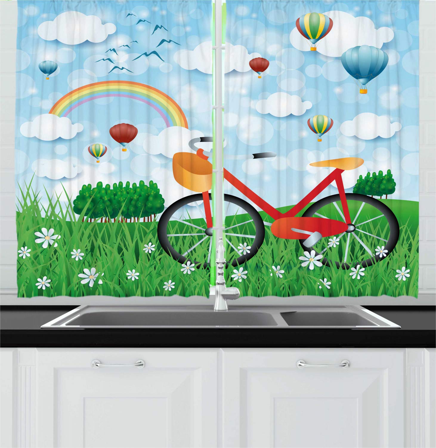 Ambesonne Cartoon Kitchen Curtains - Spring Landscape with Rainbow Clouds, Hot Air Balloons & Bicycle on Daisy Grass - 2 Panel Window Drapes Set for Kitchen & Cafe Decor, 55 x 39 Inches, Multicolor - Perfect for Spring Refresh, Kids Room & Whimsical Home Decor