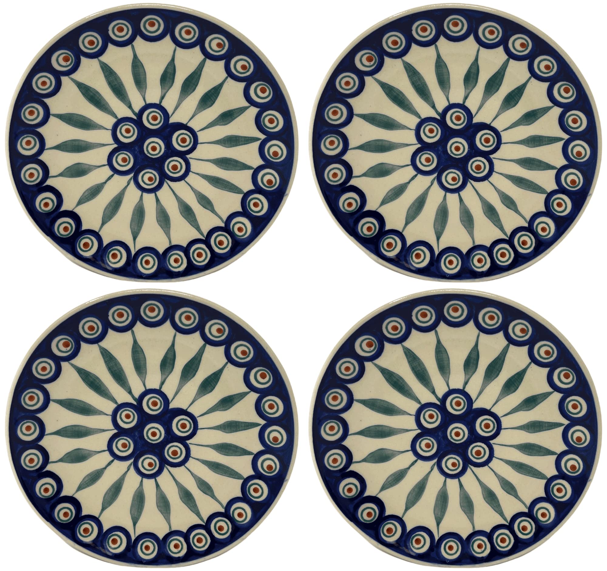 Polish Pottery Blue Peacock Feathers Salad Plates - Handmade Ceramic Dinnerware Set of 4 - Perfect for Salads, Appetizers & Home Decor