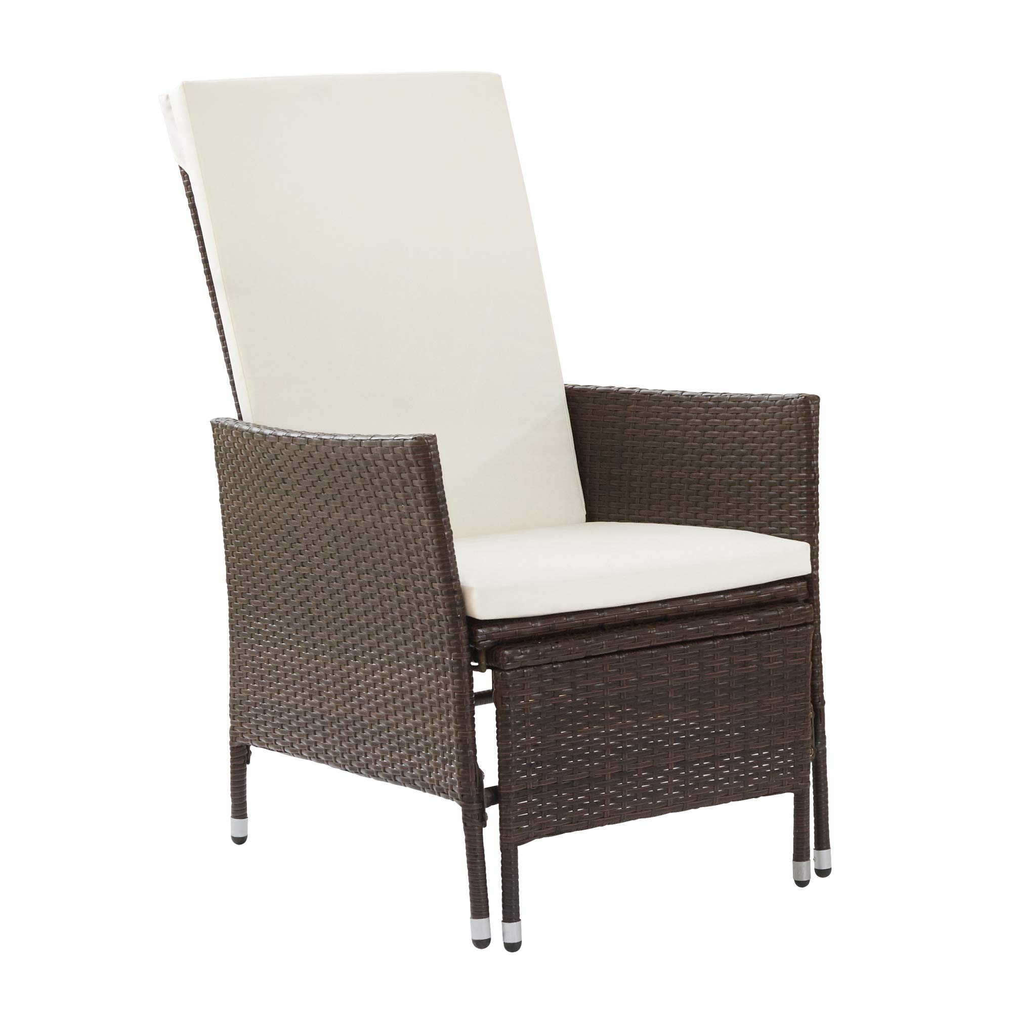 Teamson Home Outdoor PE Rattan Patio Lounge Chair with Ottoman & White Weatherproof Cushions - Brown - Perfect for Patio, Deck, Garden, Poolside, Balcony or Sunroom Relaxation
