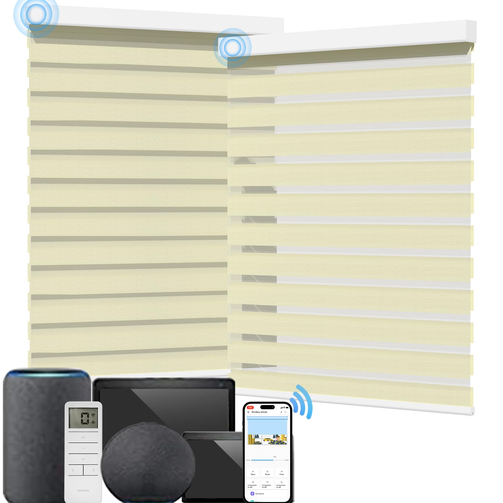 MYshade Custom Smart Zebra Blinds - Alexa Compatible Motorized Window Shades with Light Filtering & Privacy Control | Dual Layer Horizontal Shades for Smart Home | Remote & Voice Control | Beige | Perfect for Living Room, Bedroom & Home Office