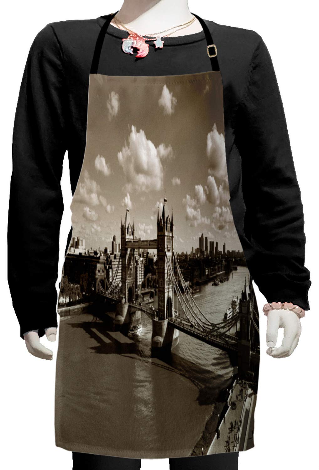Ambesonne Adjustable Travel Apron - Vintage Tower Bridge London Cityscape Design for Baking, Painting & Cooking - Small Size Sepia White - Perfect for Home Chefs, Artists & Travel Enthusiasts