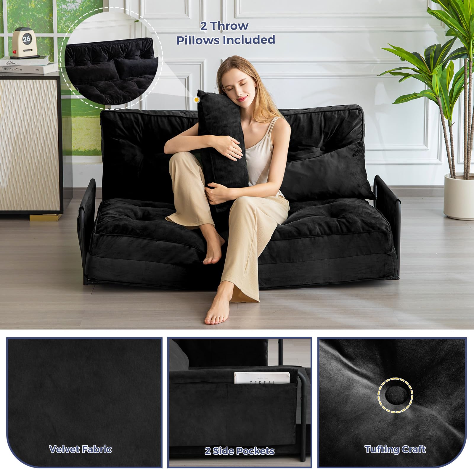 MAXYOYO Adjustable Floor Sofa Couch - Velvet Convertible Lazy Sofa Sleeper Bed with Pillows & Armrests, Double Size in Black | Perfect for Small Spaces, Living Rooms & Guest Beds