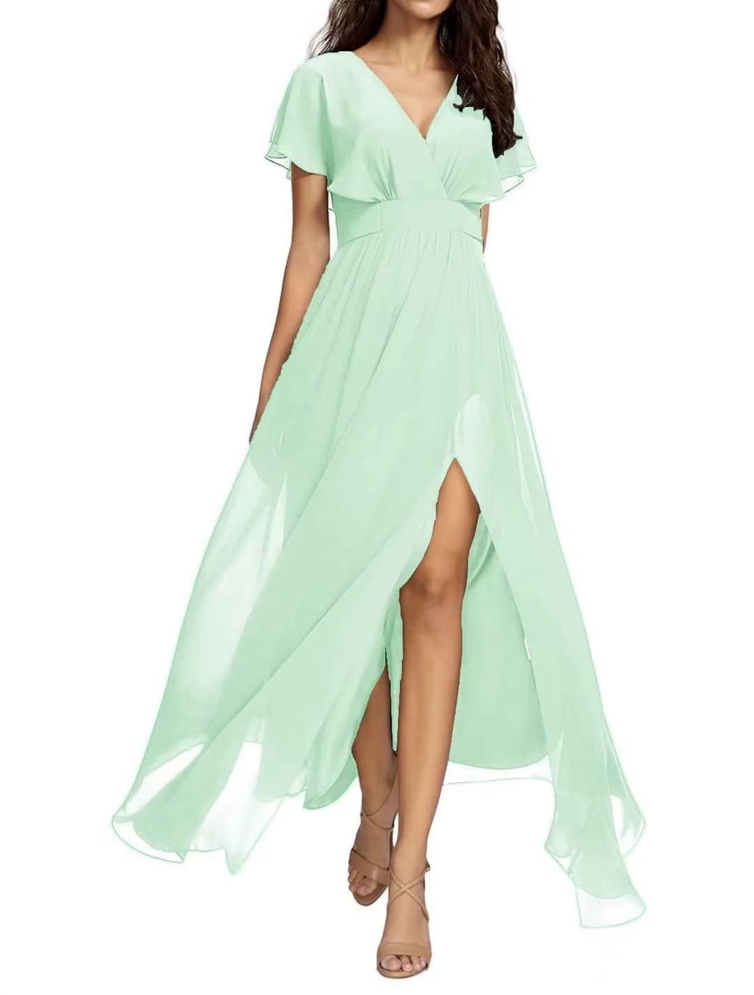Yadressy Chiffon Maxi Dress for Women - Elegant A-Line Bridesmaid Dress with Long Ruffle Sleeves & High Slit | Perfect for Evening Parties, Weddings & Formal Events