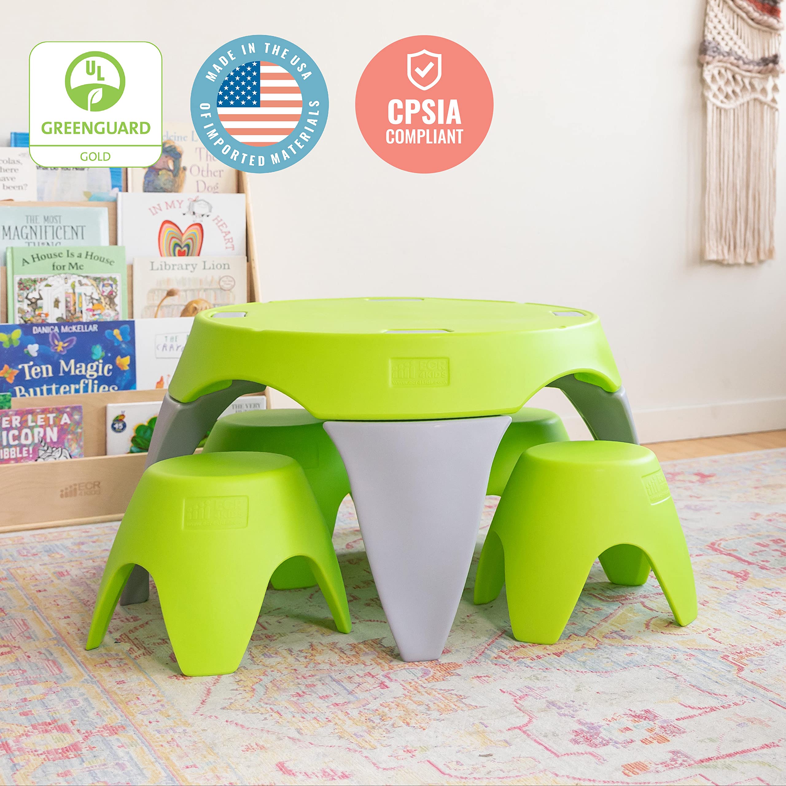ECR4Kids Ayana 5-Piece Kids Table and Stool Set - Outdoor & Indoor Play Furniture, Lime Green & Light Grey - Perfect for Backyard, Patio, Preschool & Playroom Activities