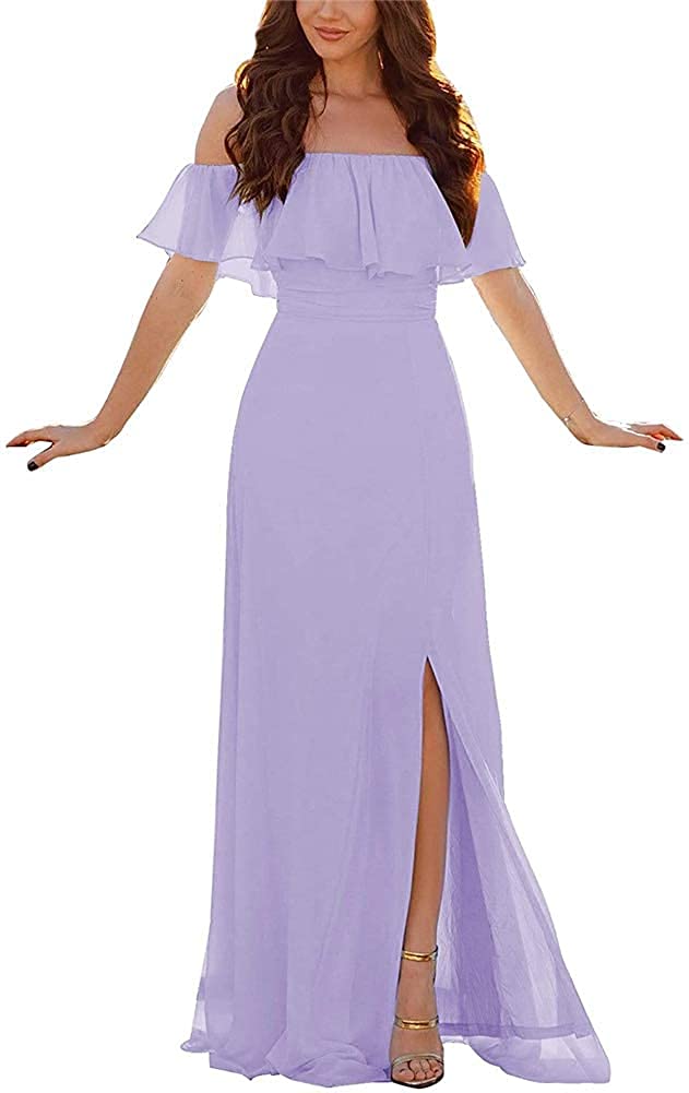 Elegant Off Shoulder Slit Bridesmaid Dresses - Long Ruffles A-Line Chiffon Formal Prom Gowns for Weddings & Special Occasions (Lavender, Plus Size 16) - Perfect for Wedding Parties, Evening Galas & Formal Events