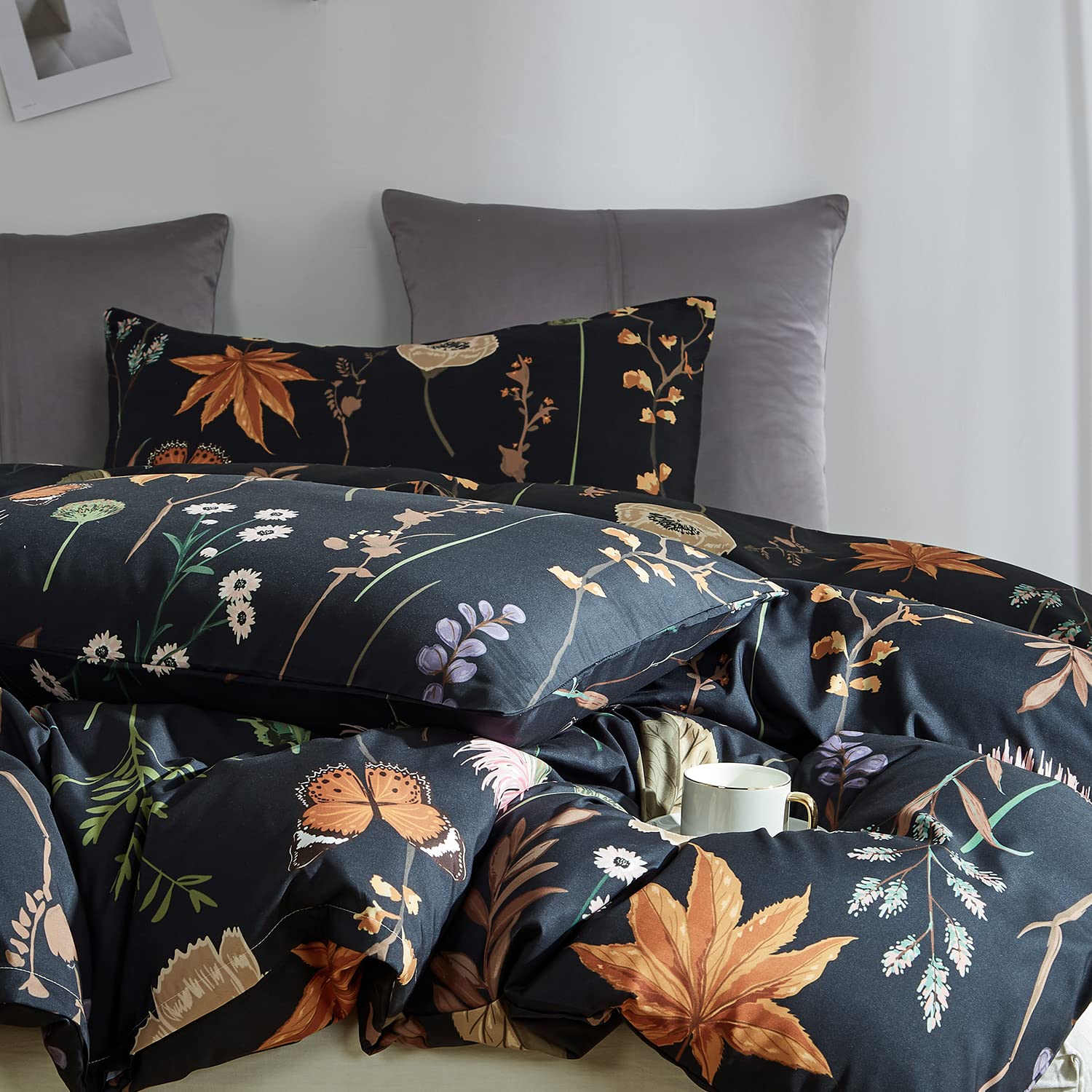 Floral Duvet Cover Set Twin - Black & Pink Botanical Print with Yellow Butterflies | 3-Piece Soft Microfiber Bedding Set with Zipper Closure | Perfect for Teen Rooms, Guest Bedrooms & Boho Chic Decor