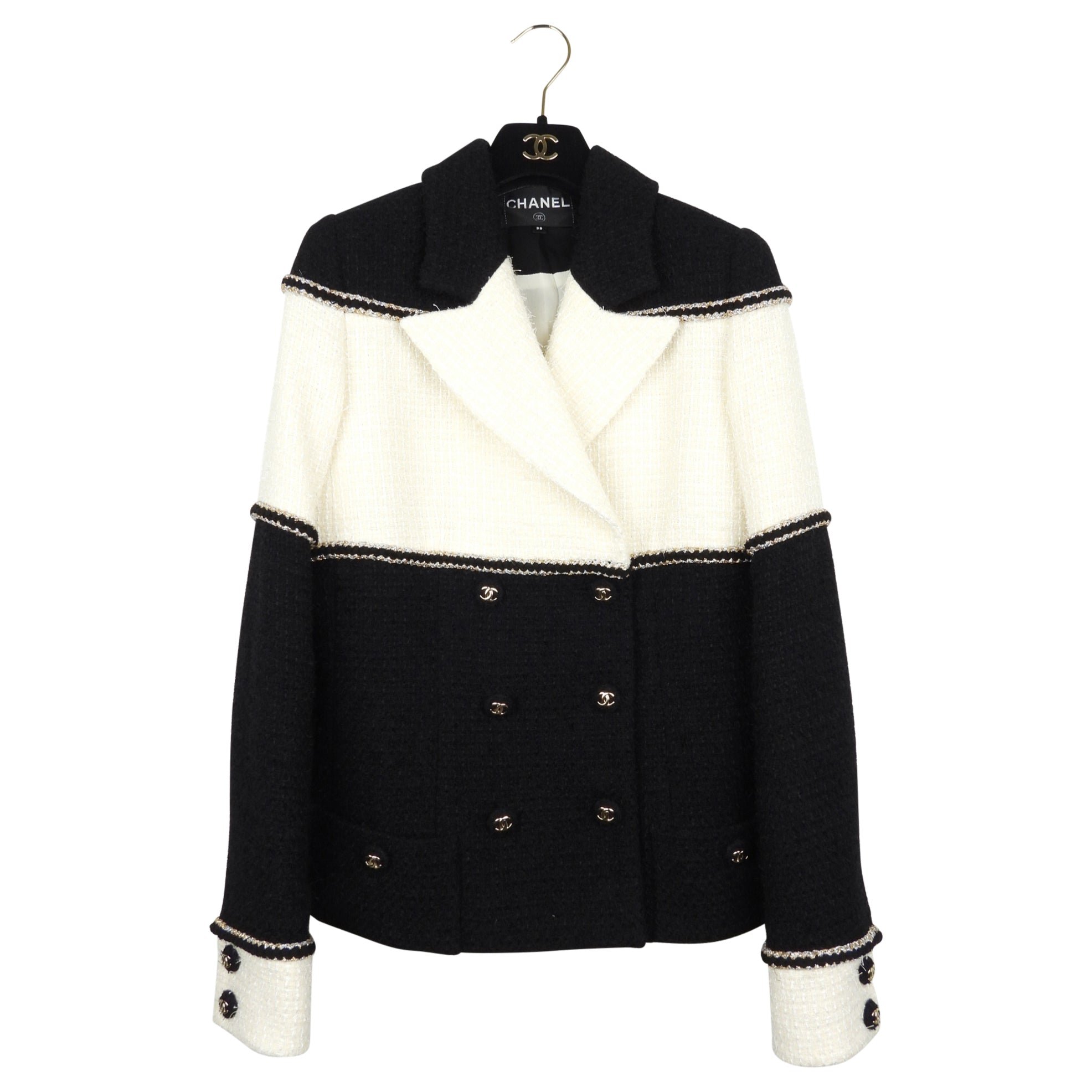 Chanel 20A Black Cream Gold Wool Tweed Double Breasted Jacket Skirt Suit Set FR38 | Luxury Women's Fashion Outfit for Business Meetings & Special Occasions