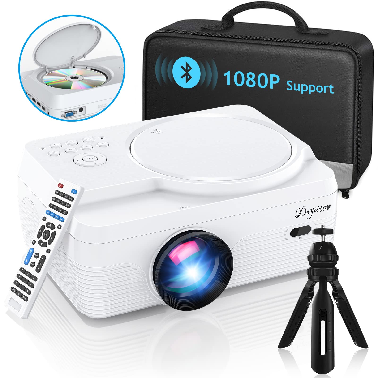 Full HD 1080P Bluetooth Projector with Built-in DVD Player - 7500LM Portable Mini Projector for Outdoor Movies, Home Theater (250