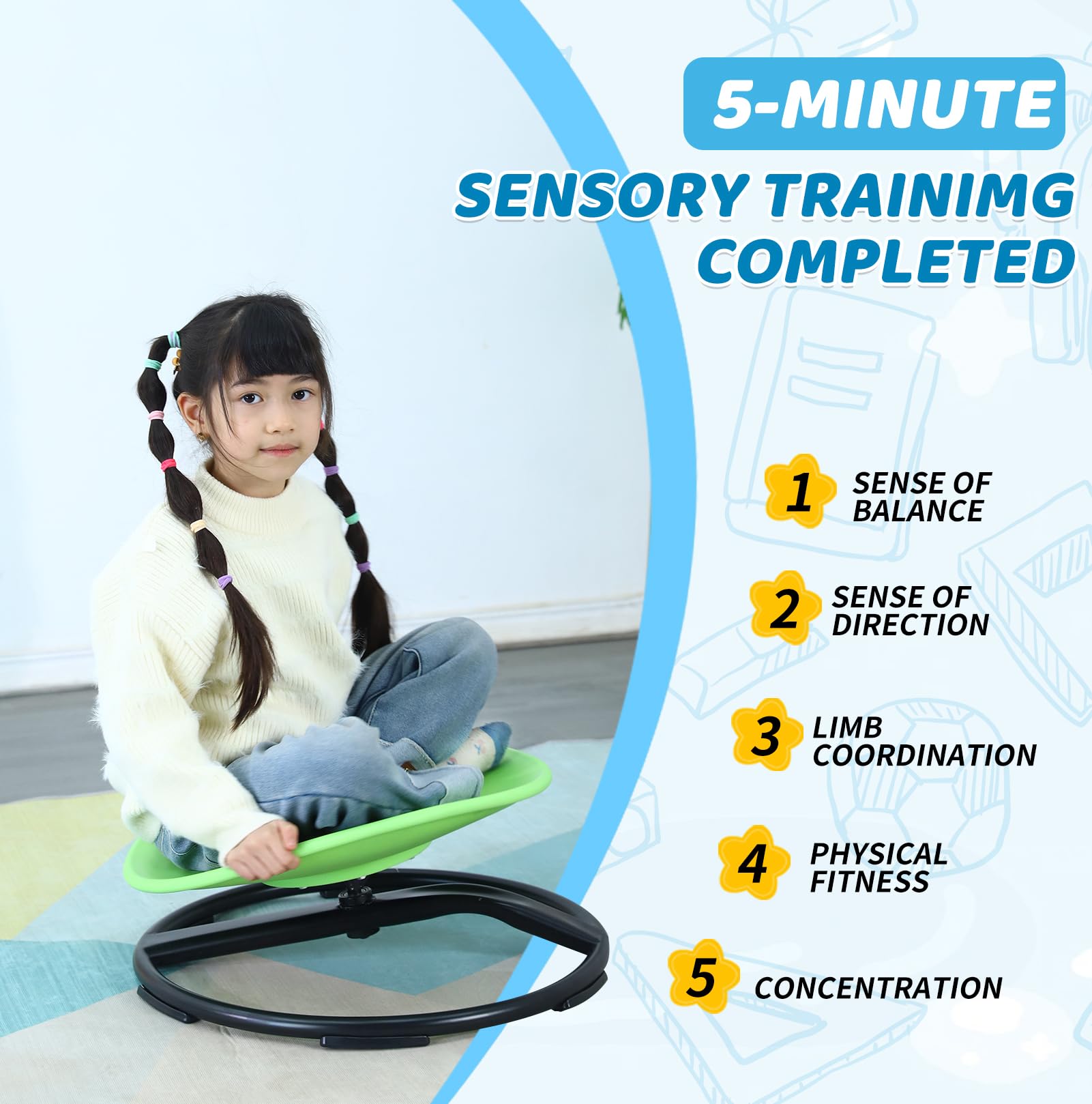 Sensory Spinning Chair for Kids - Autism Friendly Swivel Chair with Non-Slip Metal Base | Sit and Spin Toy for Body Coordination Training | Indoor & Outdoor Activity Toy for Playrooms, Classrooms & Therapy (Round, Green)