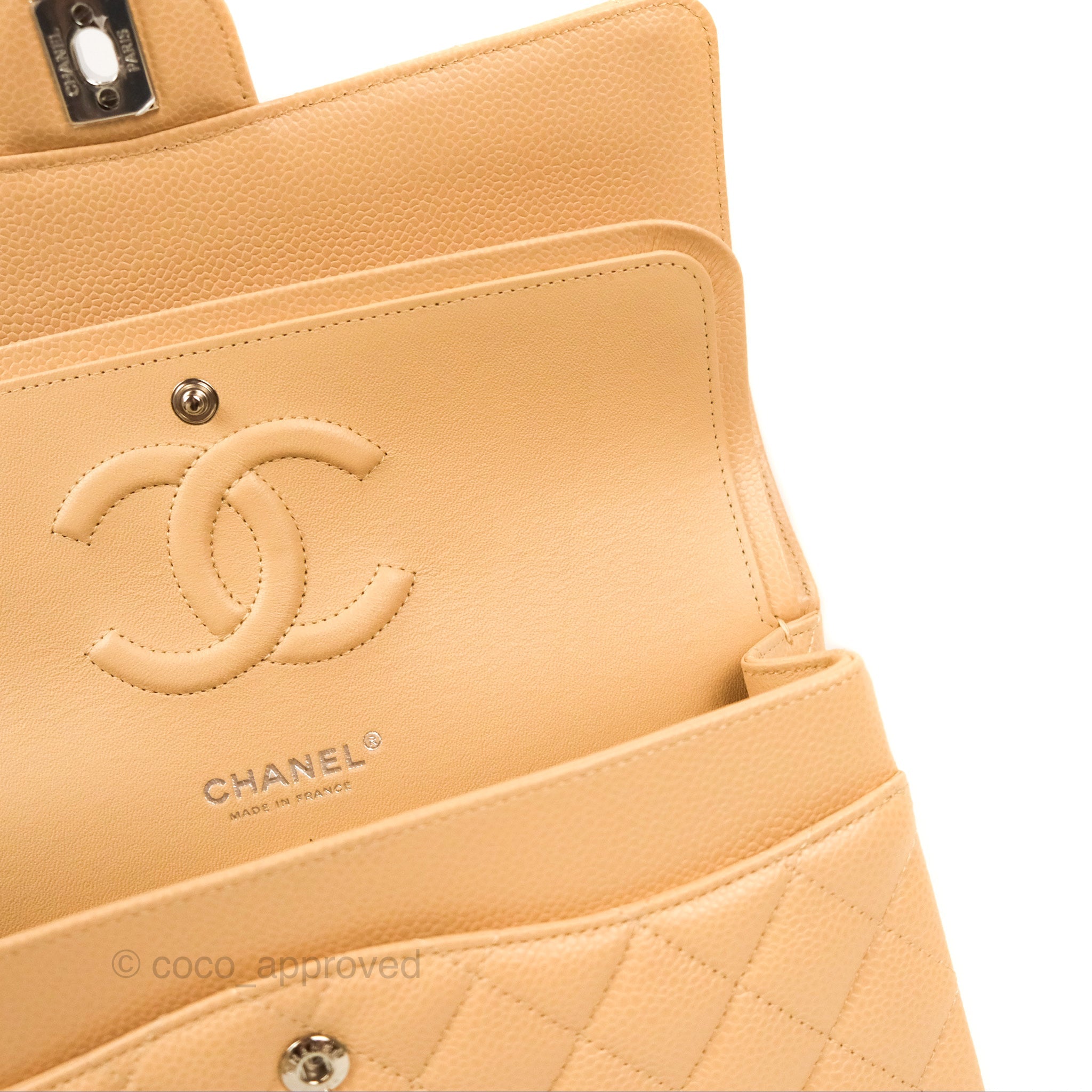 Chanel Classic Medium Double Flap Bag Quilted Beige Caviar Leather with Silver Hardware - Luxury Designer Handbag for Women, Perfect for Work, Evening & Special Occasions
