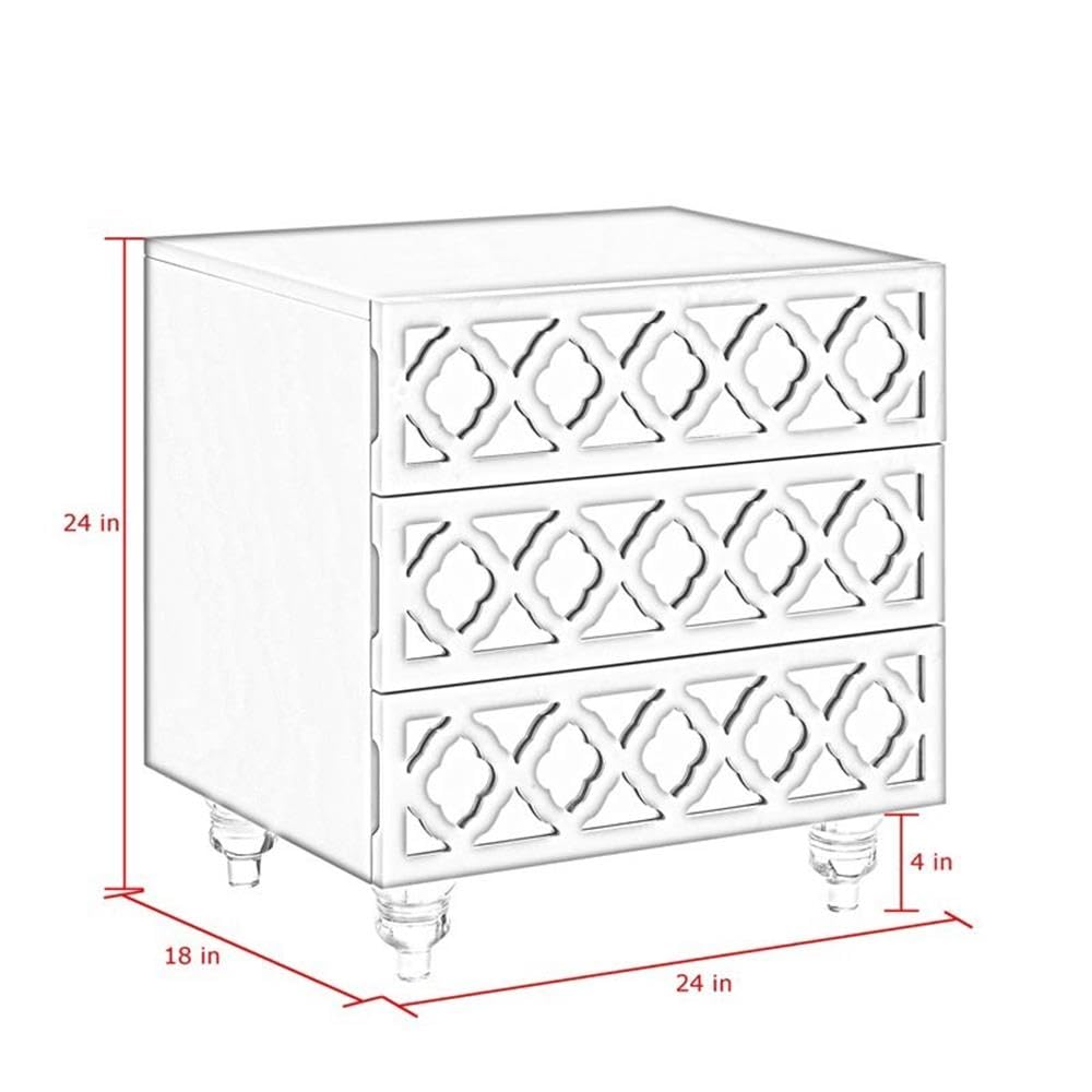 Serenity 3-Drawer Mirrored Nightstand with Trellis Pattern - Navy Blue Bedside Table for Bedroom Decor & Storage | Perfect for Modern, Glam, or Coastal Style Bedrooms