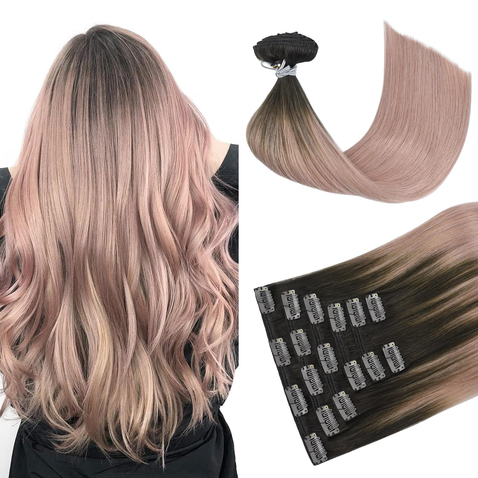 HUAYI 100% Real Human Hair Extensions Clip in Ombre Dark Brown to Gray/Pink - 22inch 120g 7pcs Auburn Straight Soft Hair Wefts for Women | Perfect for Daily Styling, Parties & Special Occasions