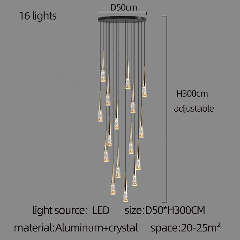 Elegant Crystal Cones Staircase Chandelier - Modern Luxury Ceiling Light Fixture for Stairwell, Foyer & Dining Room Decor | Creates Stunning Ambiance for Home & Events