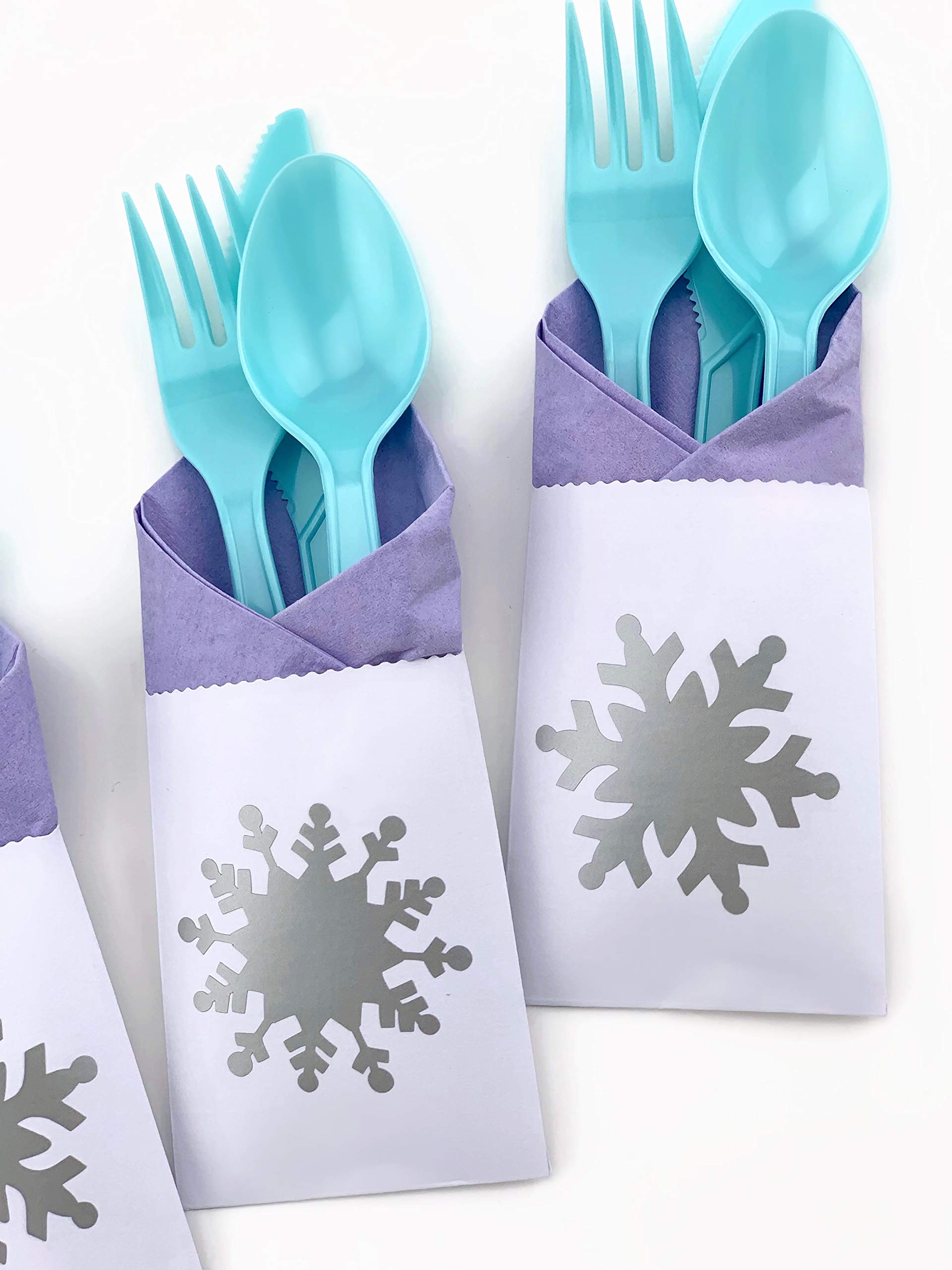 Snowflake Party Decorations Set - 24-Piece Winter Wonderland Princess Birthday Supplies with Purple Napkins, Plastic Cutlery & Paper Bags | Perfect for Birthday Parties, Baby Showers & Holiday Celebrations
