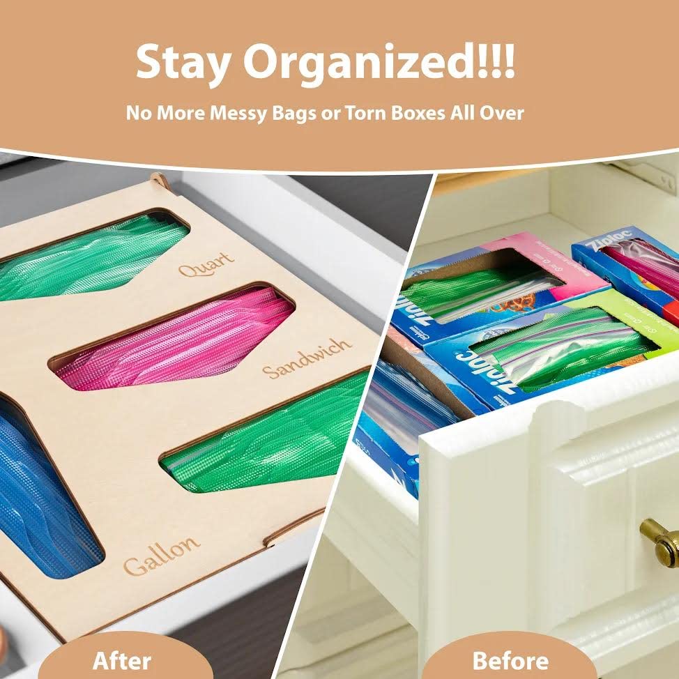 Wooden Storage Bag Organizer for Drawer - Basswood Plastic Bag Holder with Hinged Lid & Engraved Labels - Fits Quart, Snack, Gallon & Sandwich Bags (11.6x12x3.25