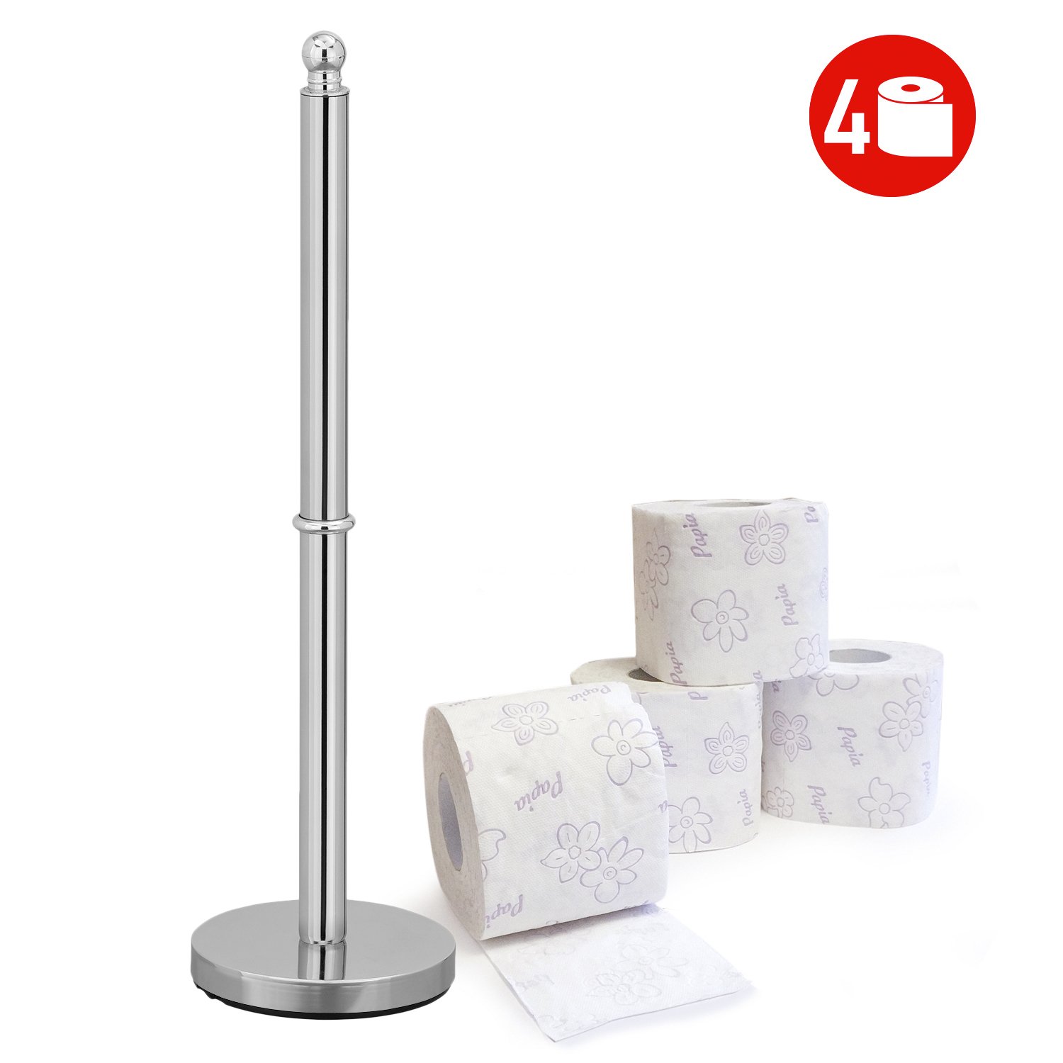 Free Standing Toilet Paper Holder Stand - 20.1 Inch (51cm) Chrome Plated Steel - Holds 4 Rolls - Bathroom Tissue Dispenser for Home, Office, RV & Dorm - Space Saving Design