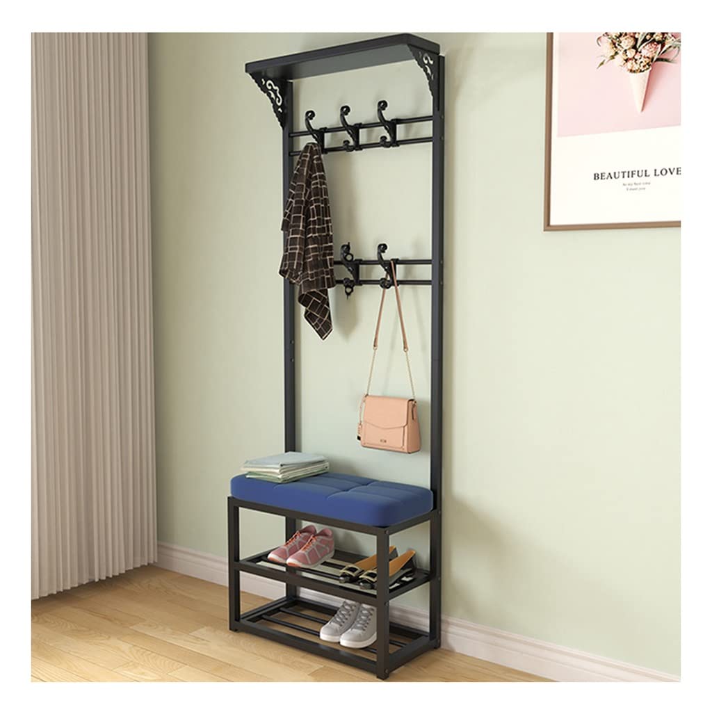 YAWEDA 4-in-1 Entryway Hall Tree - Large Coat Rack with Shoe Bench, Armrest & 8 Adjustable Hooks for Jackets, Bags, Shoes - Perfect for Mudroom, Foyer, Hallway Organization (Black & Blue, 60x30x172cm) - Ideal for Small Spaces & Home Entry Storage Solutions