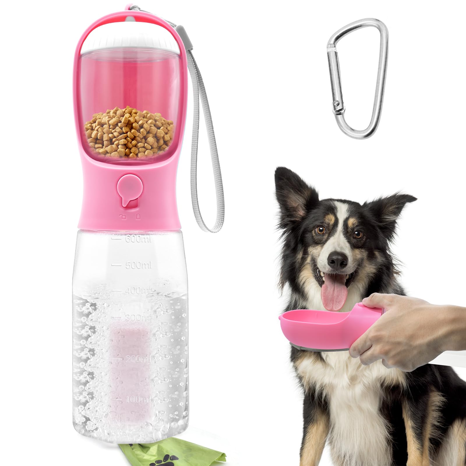 20oz Leak-Proof Dog Water Bottle with Food Container & Poop Bag Dispenser | Portable Pet Water Bottle with Carabiner Clip for Walking, Hiking, Camping, Travel | Perfect for Outdoor Adventures with Your Dog