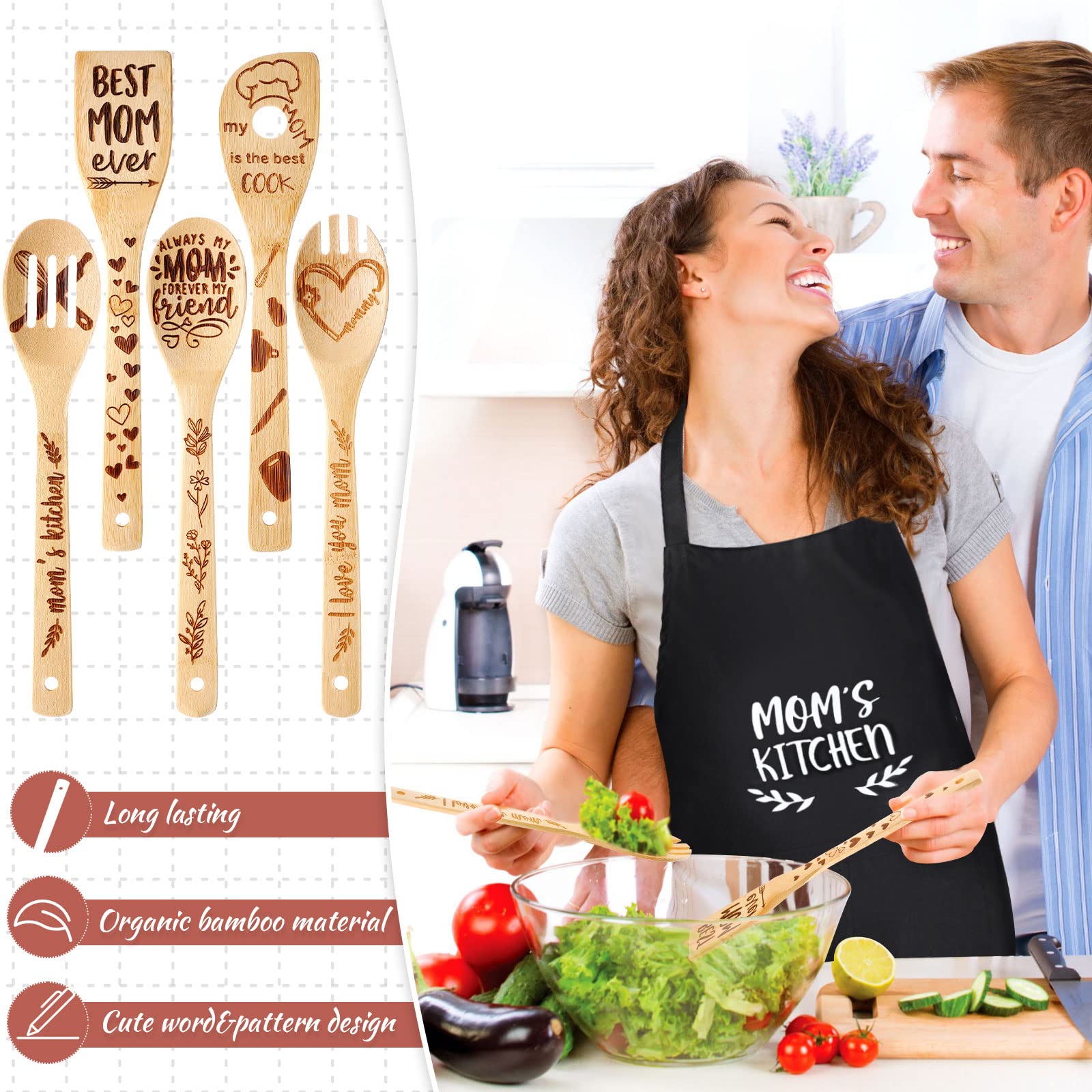 Vicenpal 10-Piece Mom Gift Set - Cotton Apron, Tea Towel, Bamboo Kitchen Utensils, Pot Holders & Oven Mitt - Perfect for Birthday, Christmas & Mother's Day - Ideal for Cooking, Baking & Home Decor