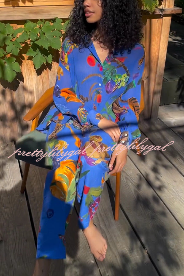 Stylish Floral Print Long Sleeve Blouse with Elastic Waist Wide Leg Pants Set - Women's Casual Outfit for Work, Date Night & Spring Fashion