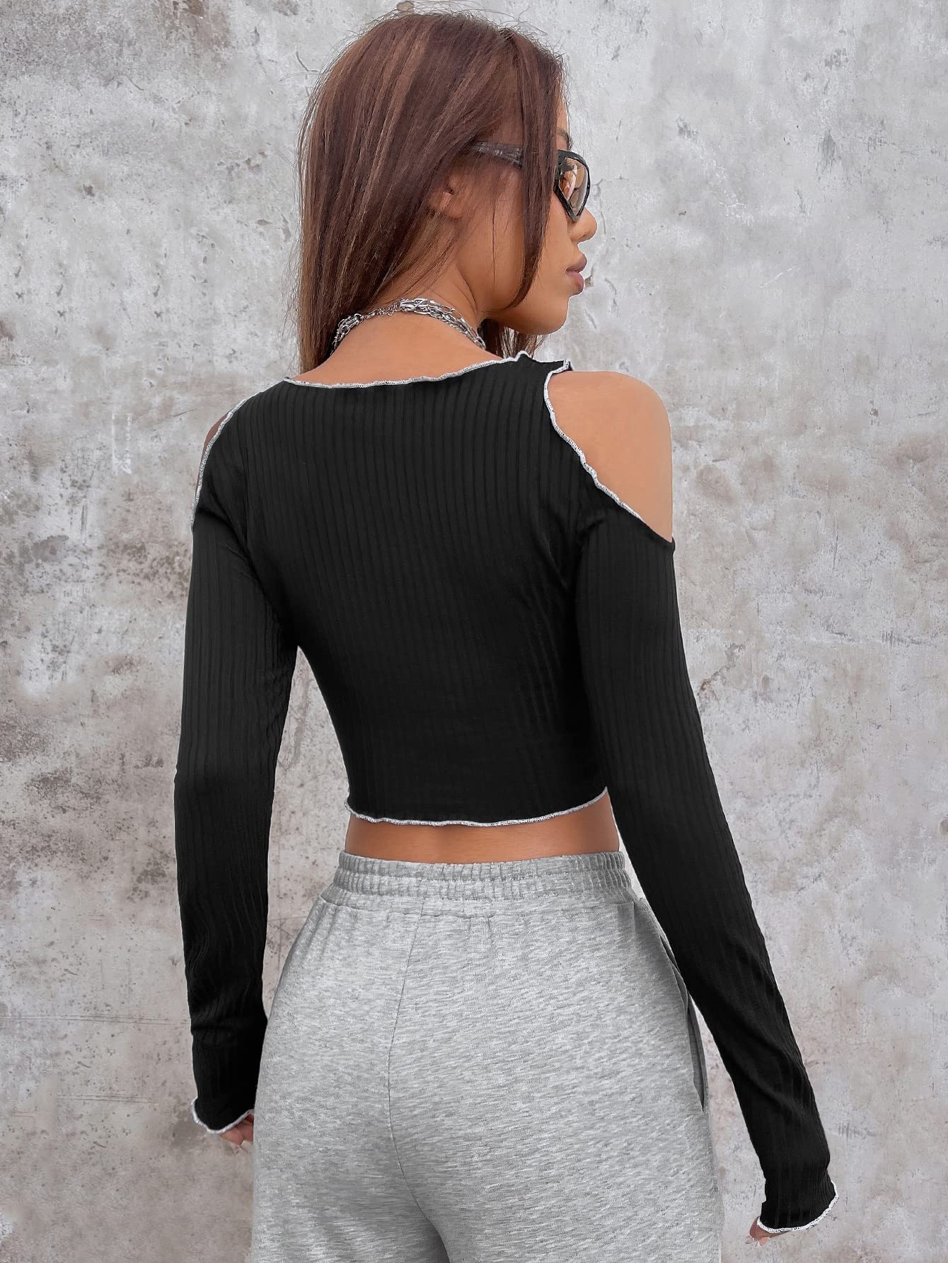 GORGLITTER Women's Y2K Graphic Cold Shoulder Long Sleeve Crop Top - Rib Knit Tee for Casual Wear, Parties & Night Out | Trendy Streetwear Fashion Top