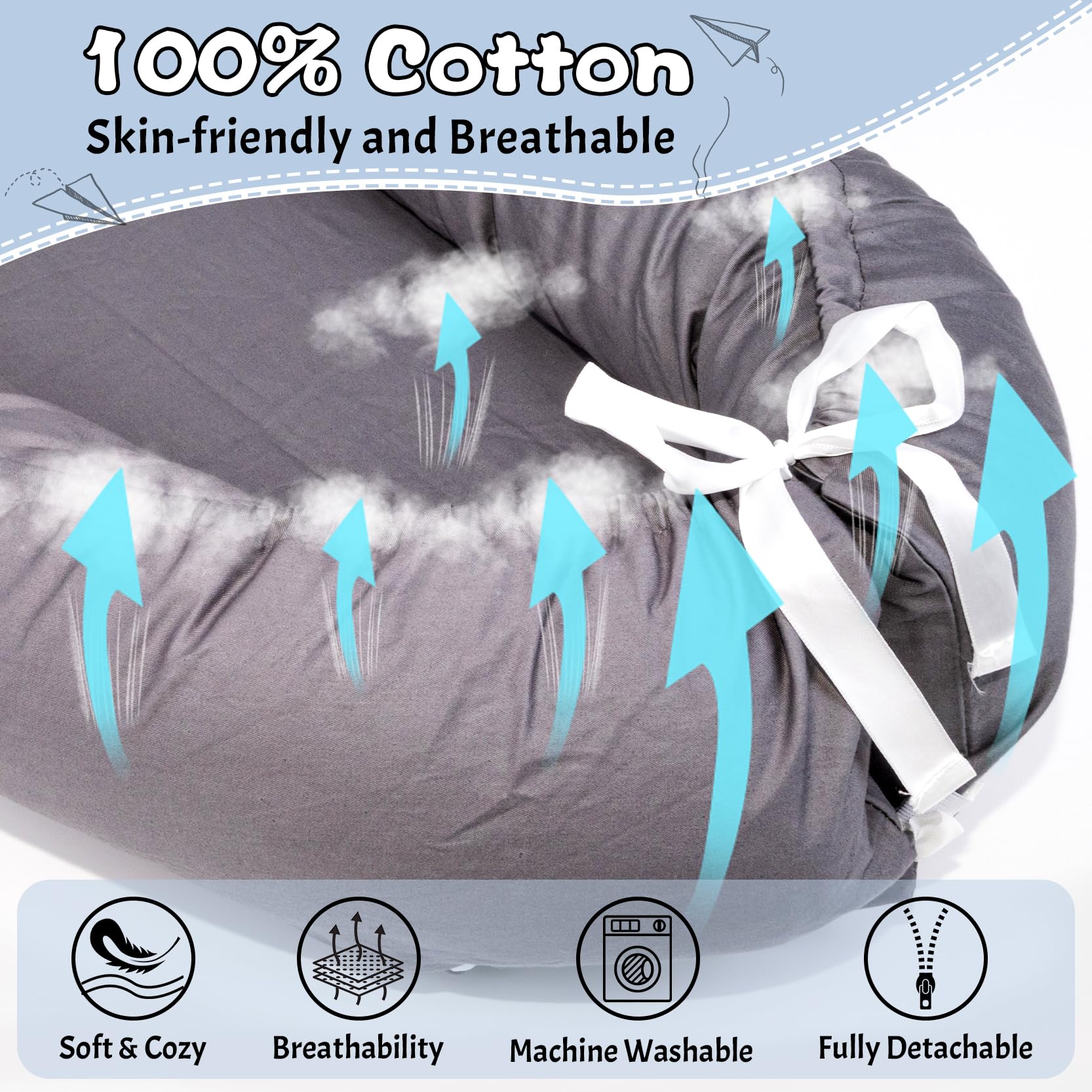 Baby Lounger & Infant Nest Cover - 100% Cotton Breathable Co-Sleeper for Newborns 0-24 Months | Soft Machine Washable Baby Essentials Gift | Perfect for Nursery, Bedside Sleeping & Travel (Gray)
